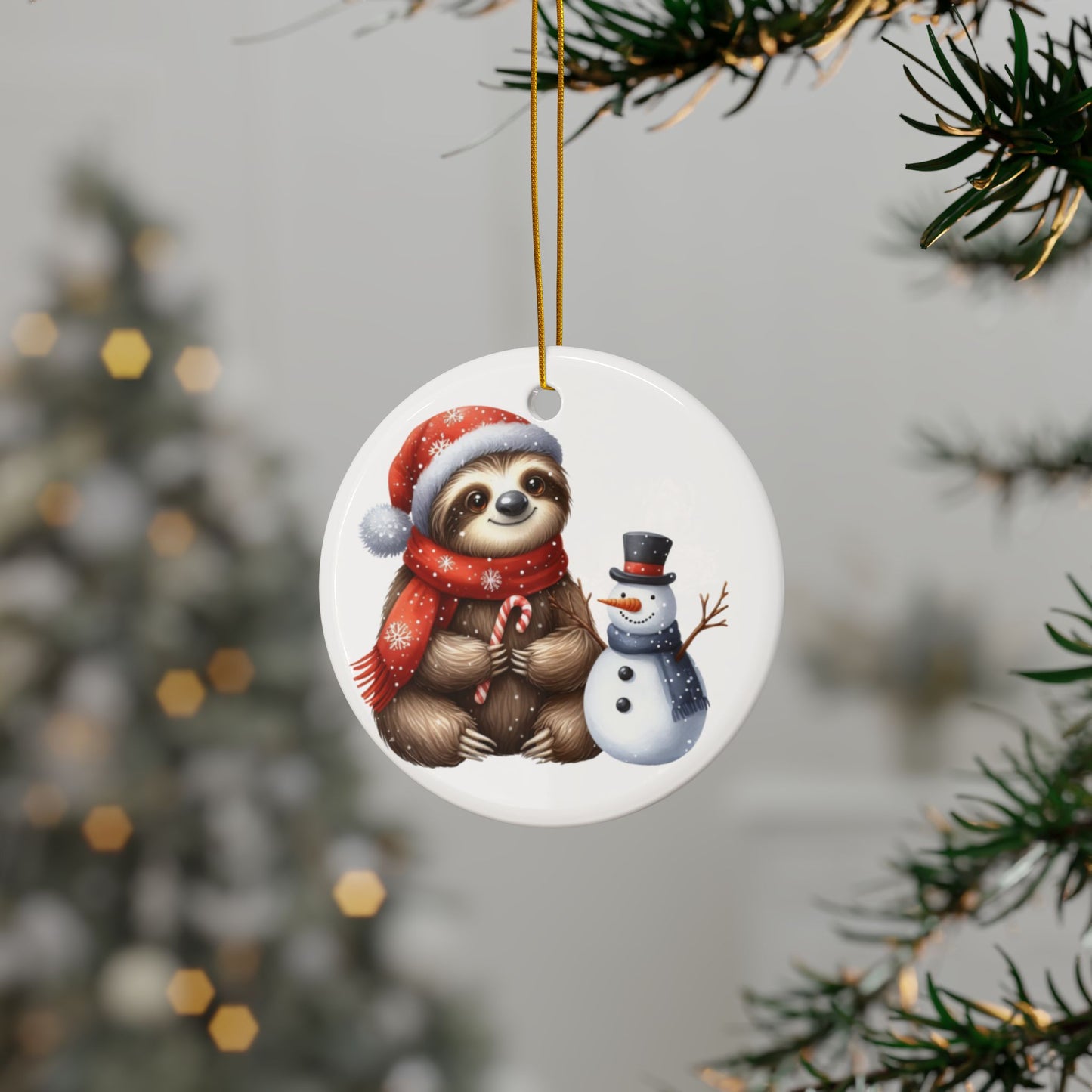 Festive Sloth with Snowman - Unique Ceramic Ornaments (Choose Your Set)