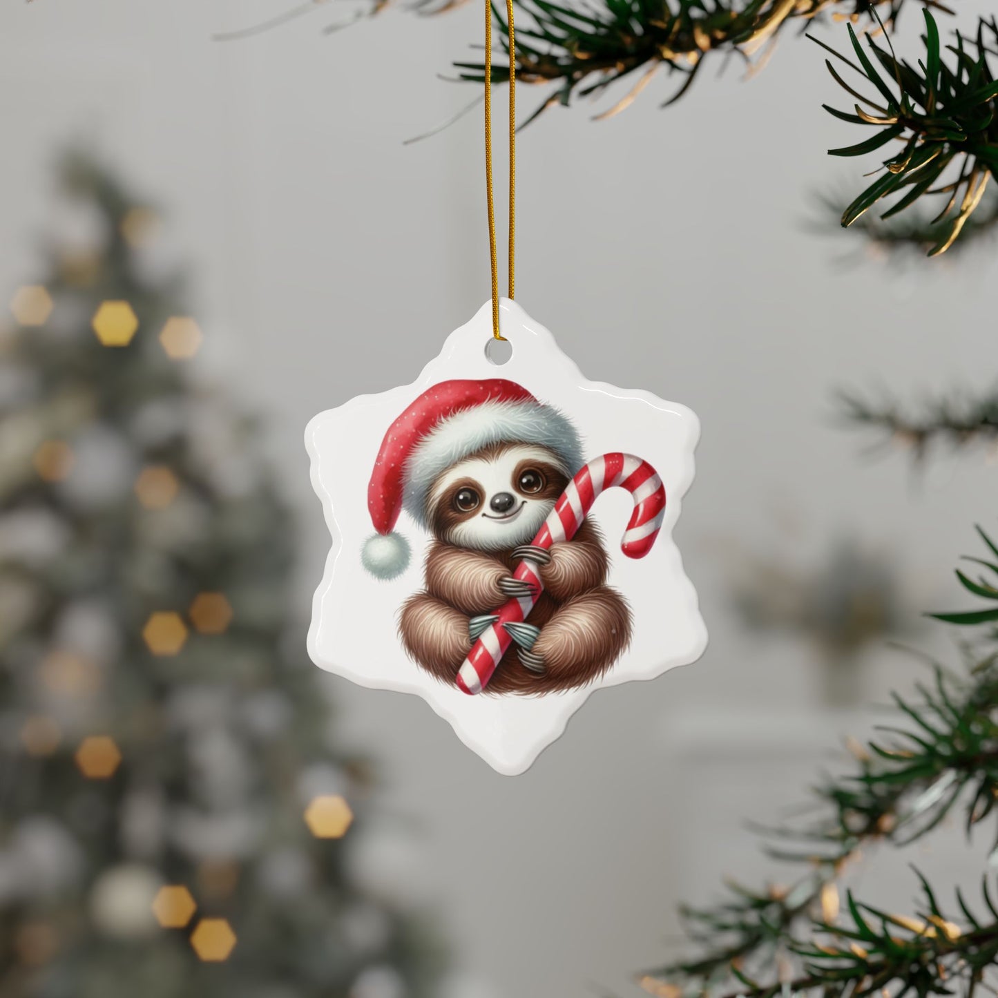 Festive Sloth with Candy Cane - Unique Ceramic Ornaments (Choose Your Set)