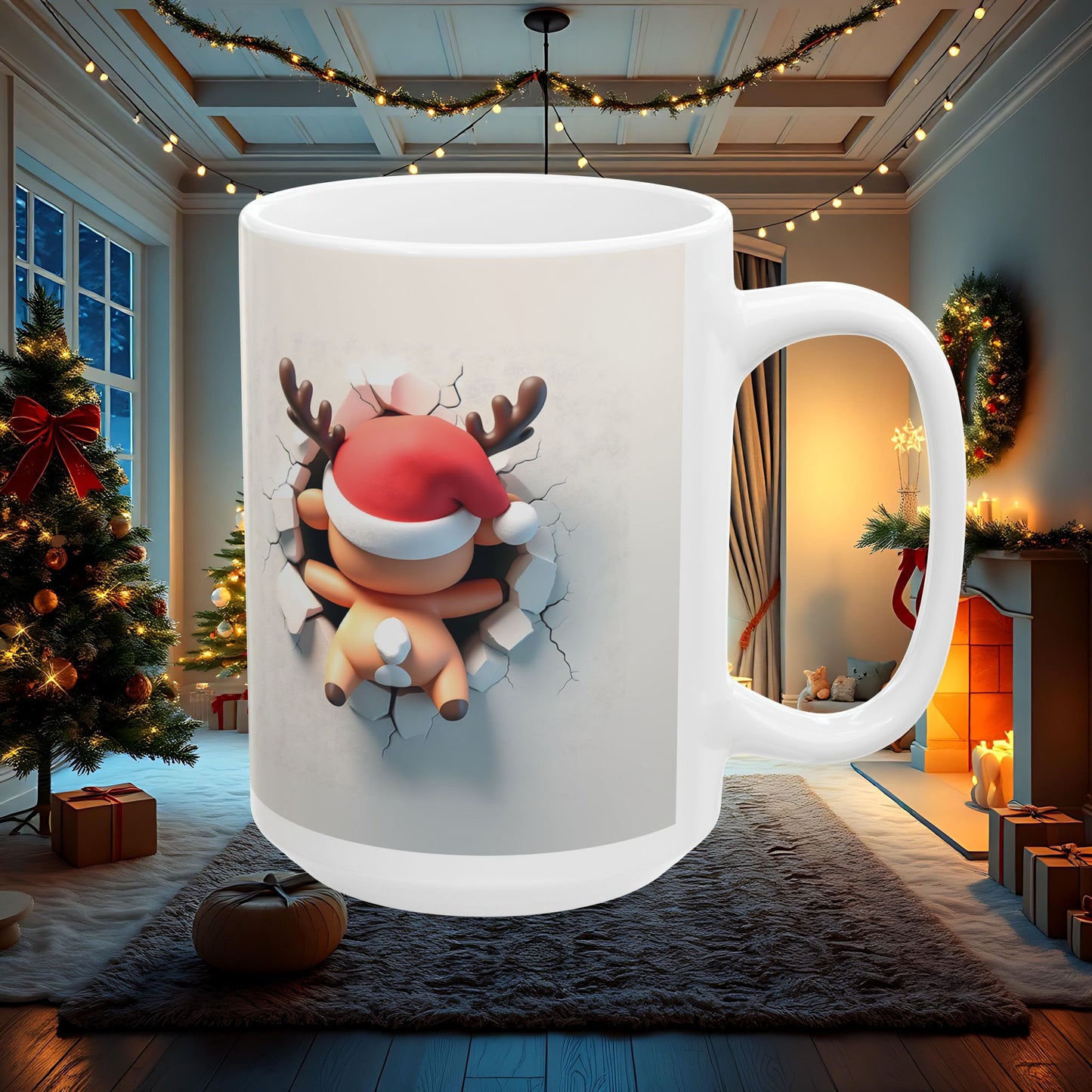 Reindeer Wall Break Ceramic Mug, Christmas Coffee Cup, Holiday Tea Mug, Festive Hot Cocoa Cup, 3D Double Sided Mug