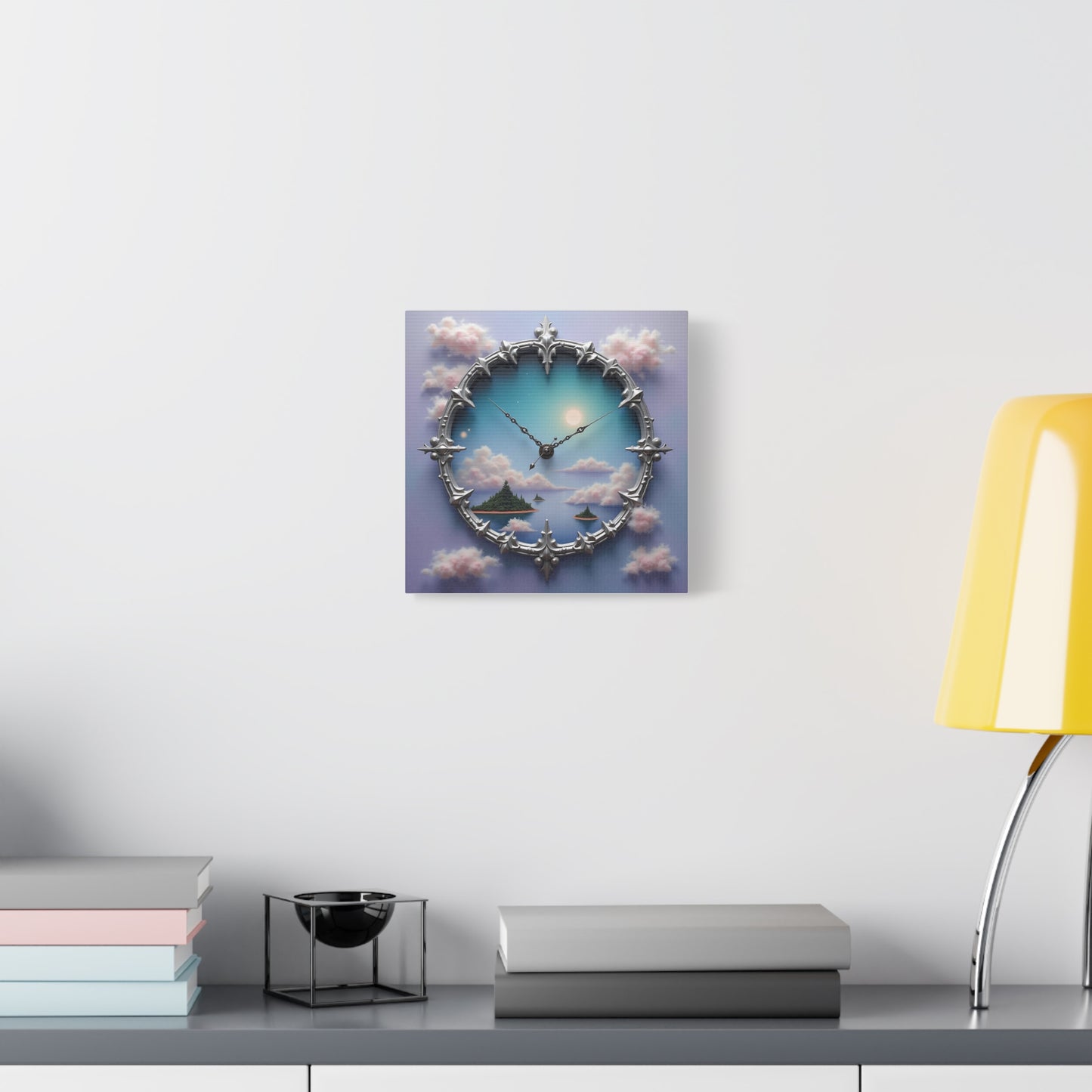 Canvas Print, Surreal Clock with Melting Hands, Floating Islands and Clouds, Ethereal Wall Art, Home Decor, Matte Canvas, Stretched, 1 25",