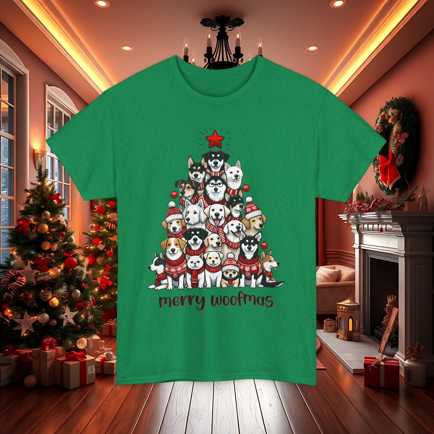 Merry Woofmas Christmas Tree Tee, Heavy Cotton Graphic Shirt for Dog Lovers, Fun Holiday Gift for Pet Owners!