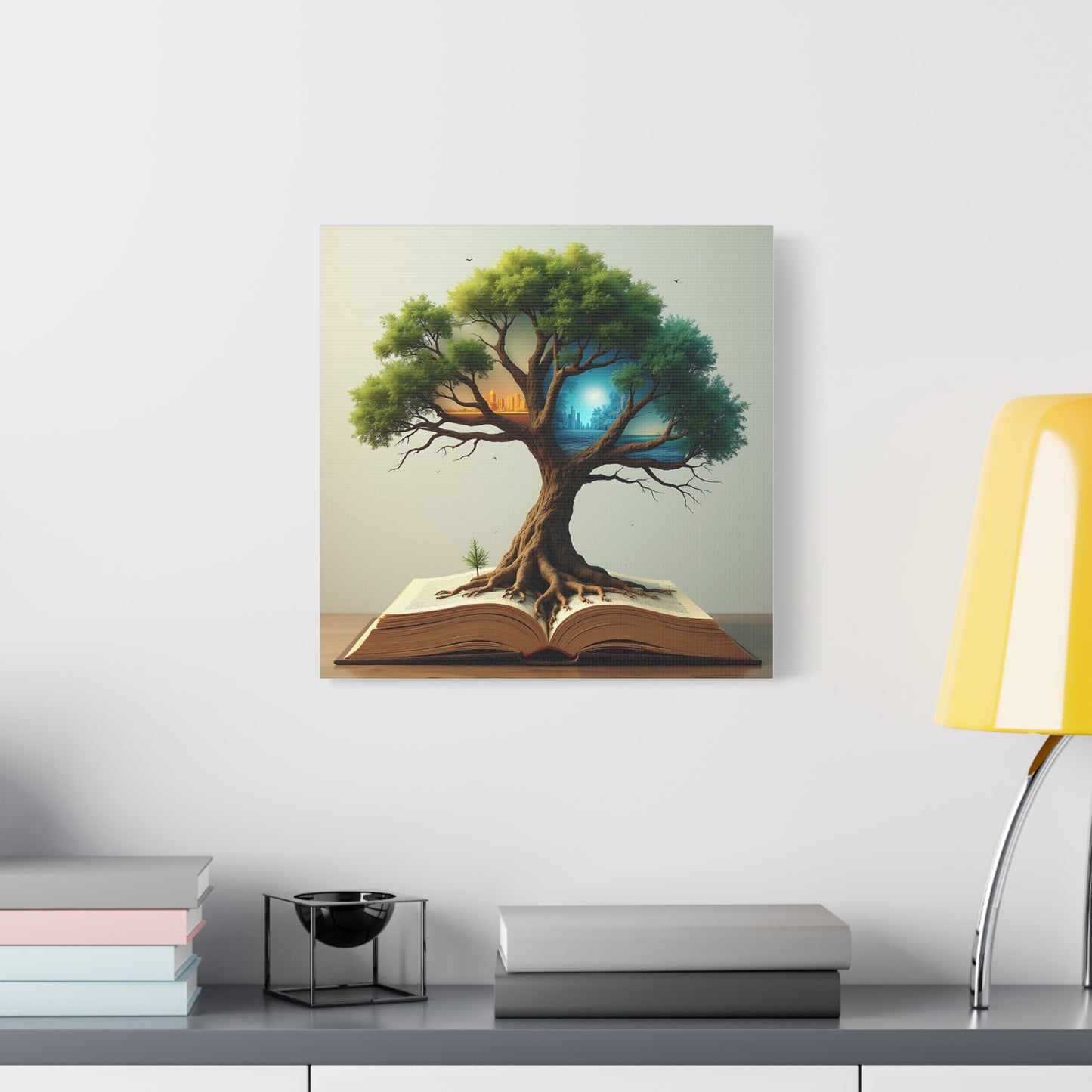 Canvas Art, Meta-Realism Tree of Knowledge Wall Decor, Cityscape, Desert, Forest, Ocean, Earth Tones, Emerald Green, Azure, Terracotta