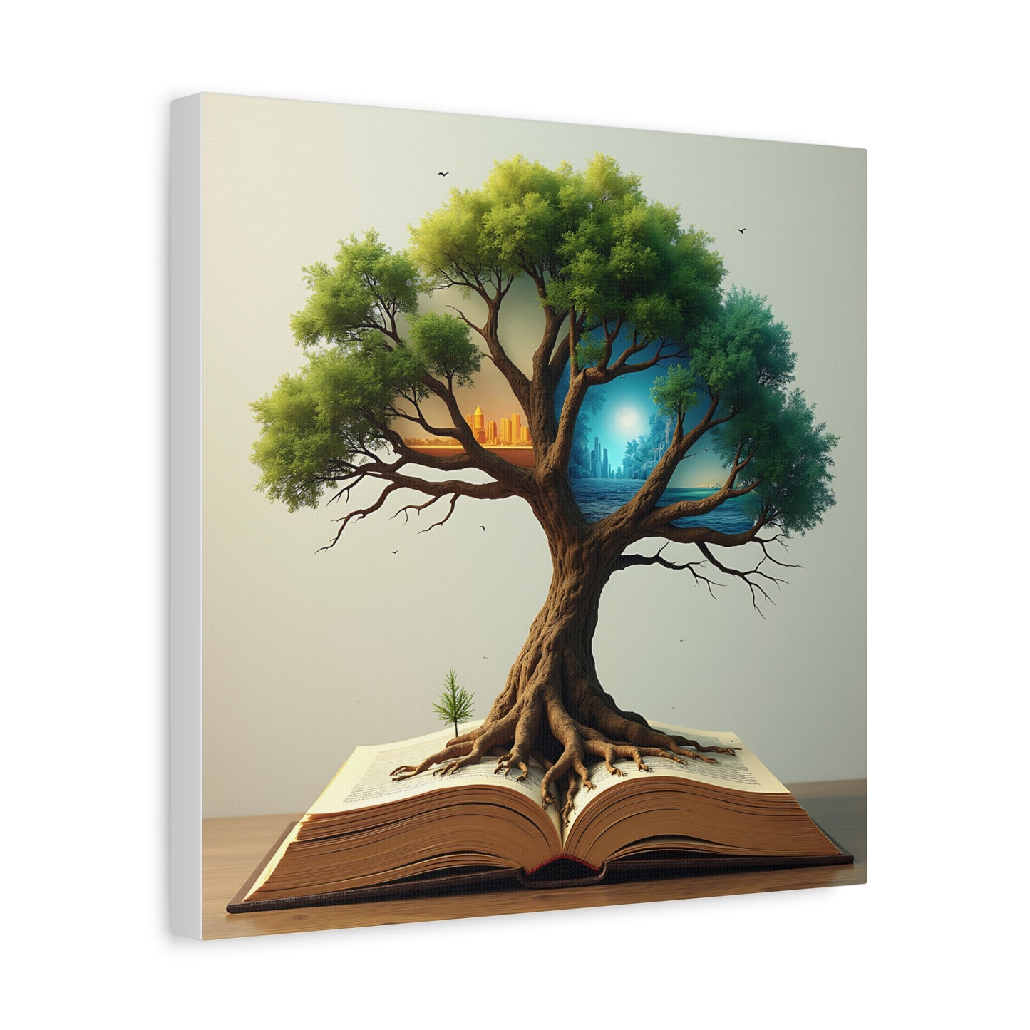 Canvas Art, Meta-Realism Tree of Knowledge Wall Decor, Cityscape, Desert, Forest, Ocean, Earth Tones, Emerald Green, Azure, Terracotta