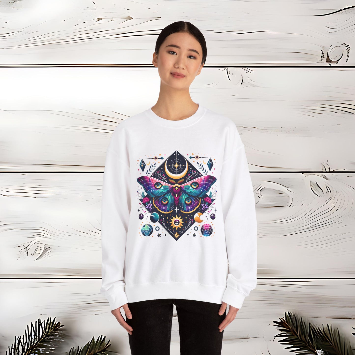 Boho Luna Moth Sweatshirt, Nature Lover Gift, Cozy Jumper, Moth Print Pullover, Bohemian Style Top, Celestial Clothing, Lunar Design