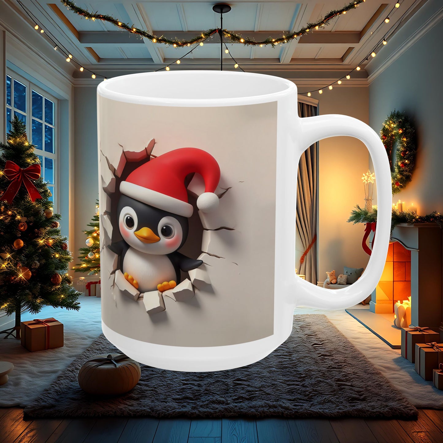Penguin Wall Break Ceramic Mug, 3D Double Sided Christmas Coffee Cup - Cute Animal Tea Cup, Holiday Gift for Penguin Lovers, Novelty Kitchen