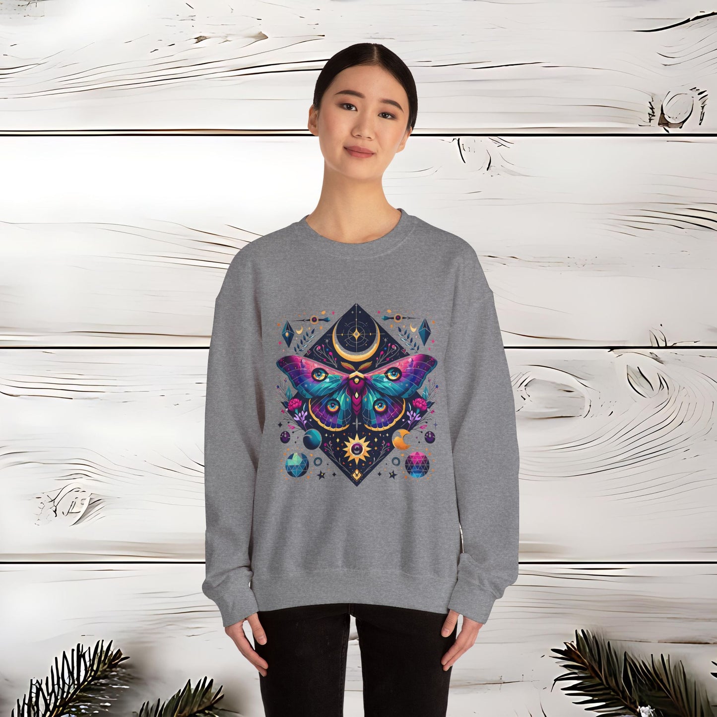 Boho Luna Moth Sweatshirt, Nature Lover Gift, Cozy Jumper, Moth Print Pullover, Bohemian Style Top, Celestial Clothing, Lunar Design