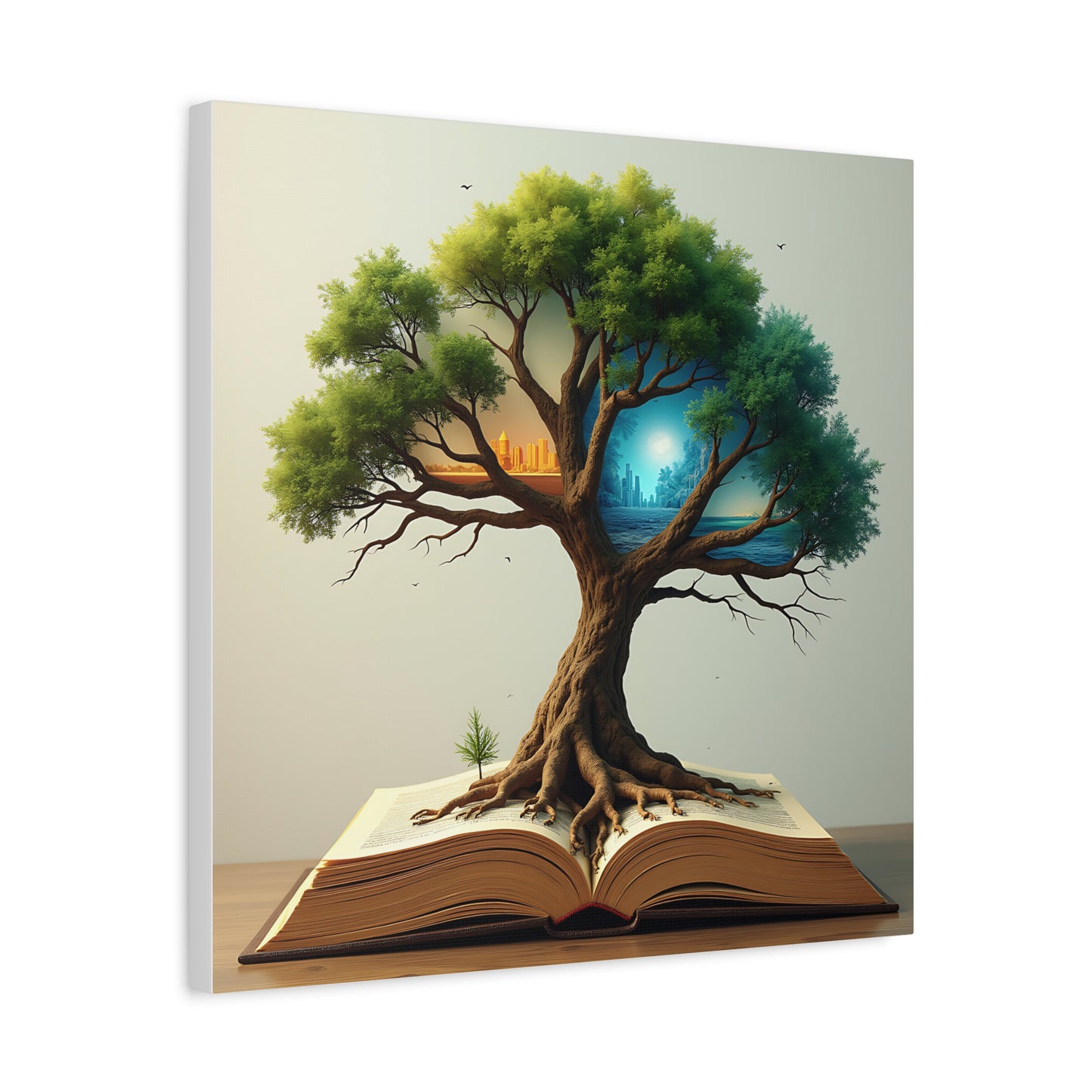 Canvas Art, Meta-Realism Tree of Knowledge Wall Decor, Cityscape, Desert, Forest, Ocean, Earth Tones, Emerald Green, Azure, Terracotta