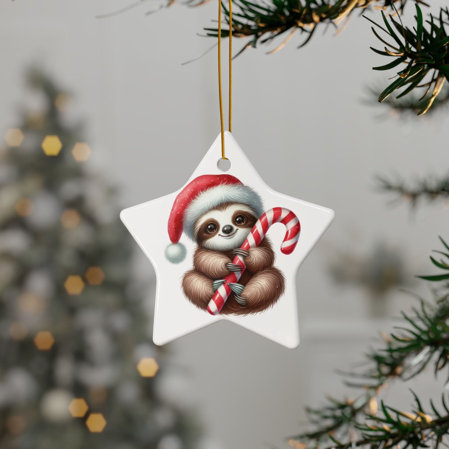 Festive Sloth with Candy Cane - Unique Ceramic Ornaments (Choose Your Set)