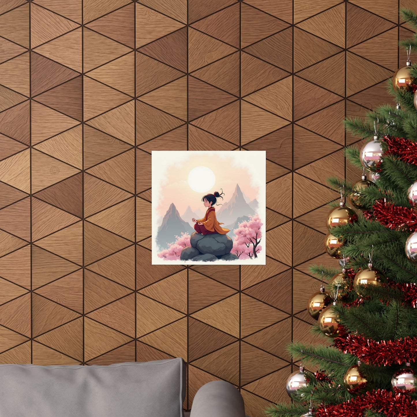 Anime Tranquility Matte Vertical Posters, Young Protagonist in Meditative Pose, Cherry Blossoms Wall Art, Mountain Landscape Prints, Serene