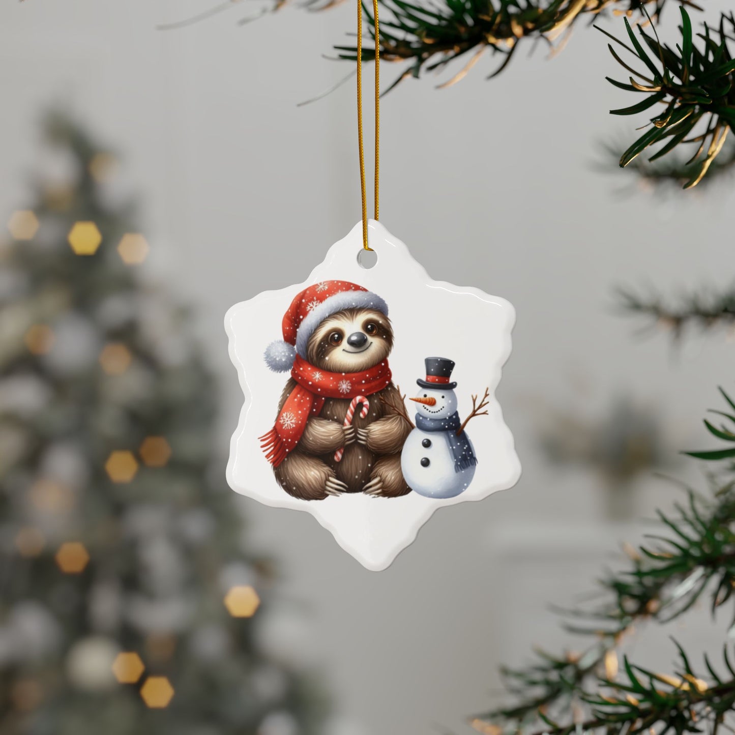 Festive Sloth with Snowman - Unique Ceramic Ornaments (Choose Your Set)