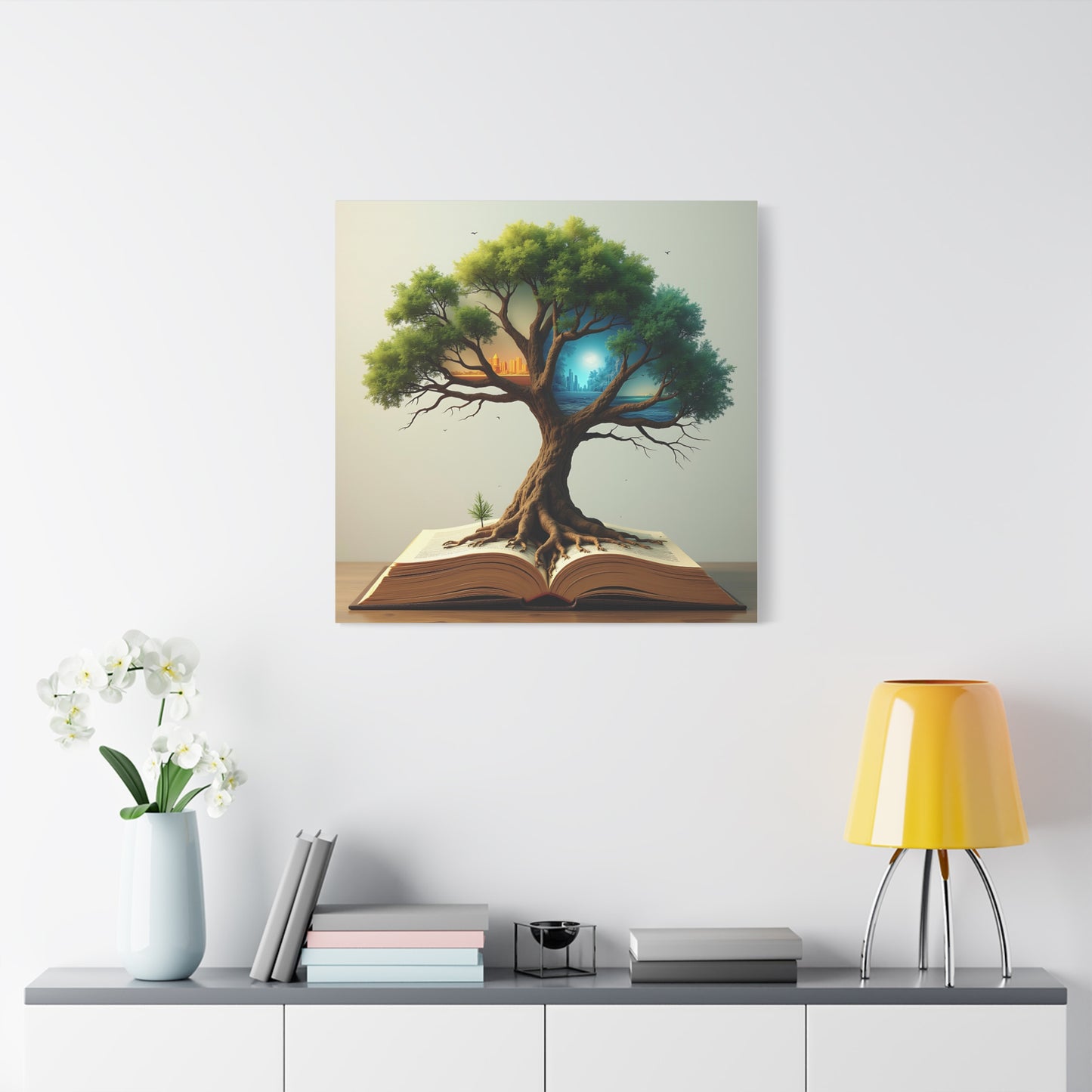 Canvas Art, Meta-Realism Tree of Knowledge Wall Decor, Cityscape, Desert, Forest, Ocean, Earth Tones, Emerald Green, Azure, Terracotta