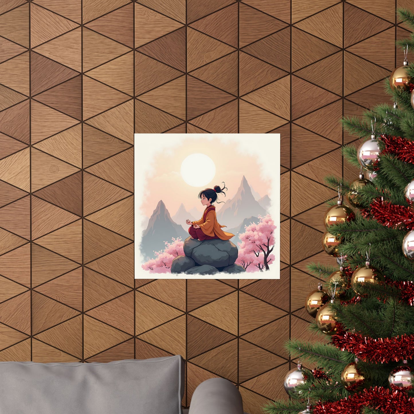 Anime Tranquility Matte Vertical Posters, Young Protagonist in Meditative Pose, Cherry Blossoms Wall Art, Mountain Landscape Prints, Serene