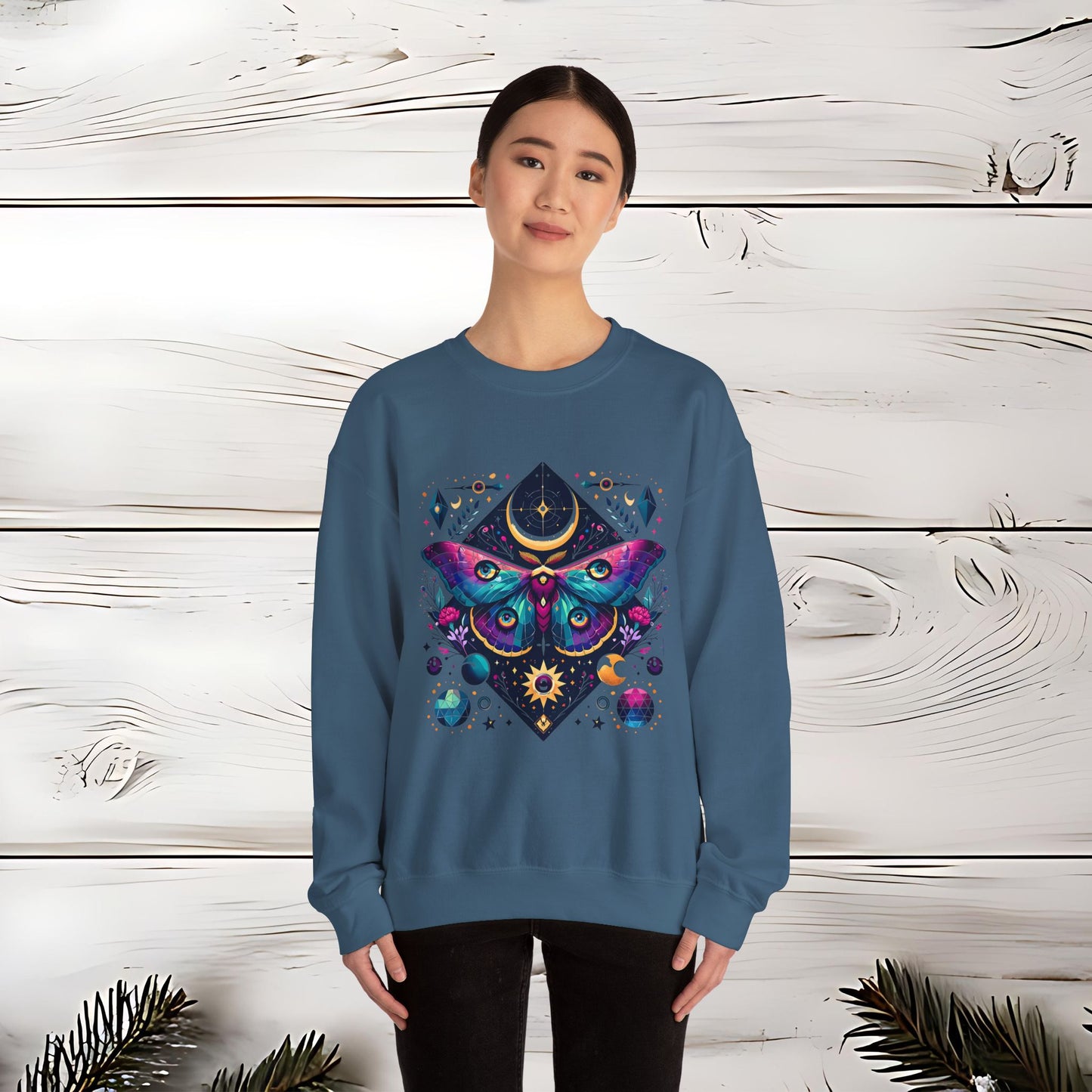 Boho Luna Moth Sweatshirt, Nature Lover Gift, Cozy Jumper, Moth Print Pullover, Bohemian Style Top, Celestial Clothing, Lunar Design