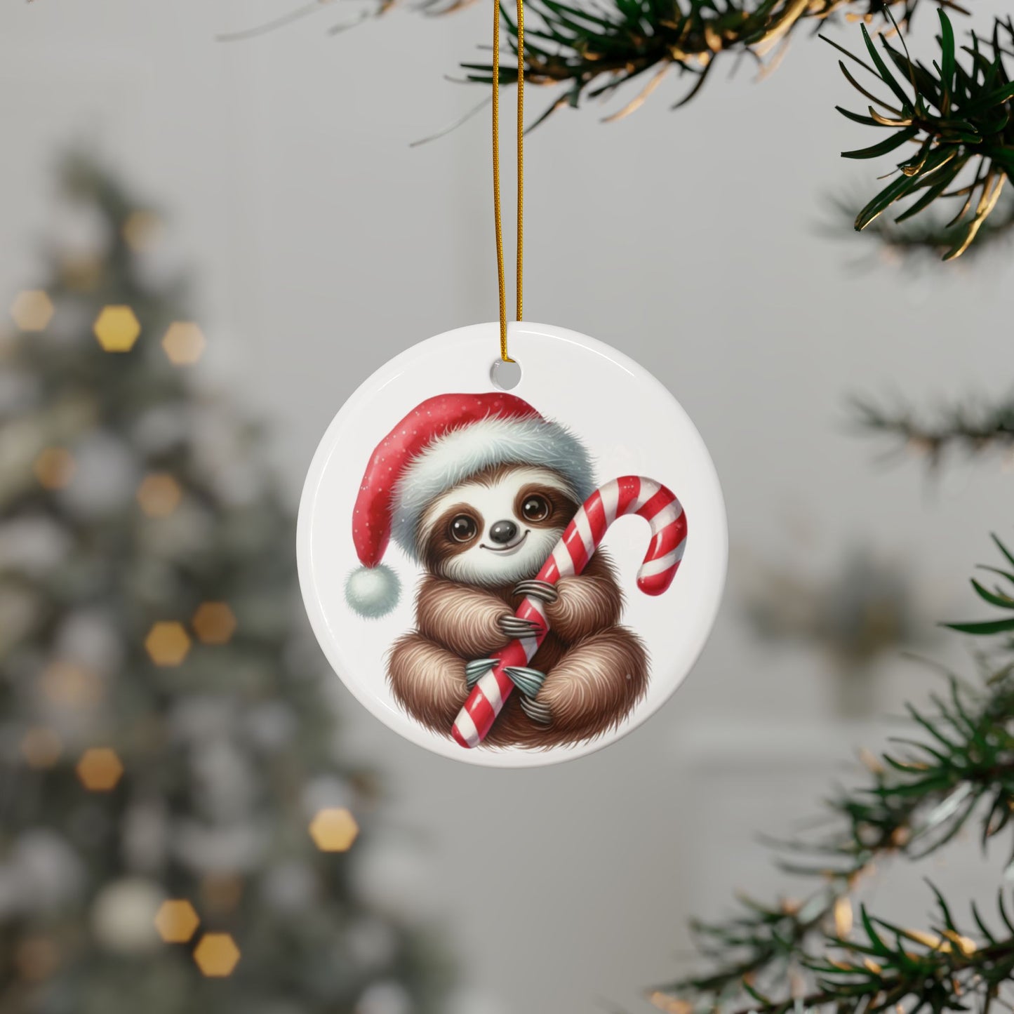 Festive Sloth with Candy Cane - Unique Ceramic Ornaments (Choose Your Set)