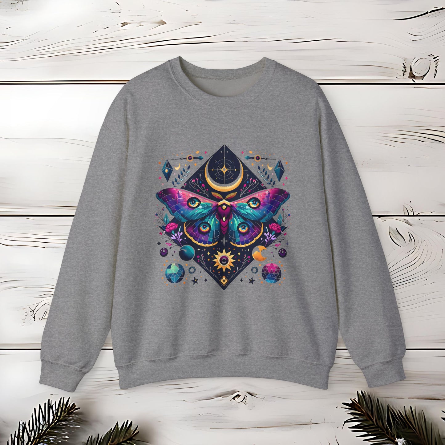 Boho Luna Moth Sweatshirt, Nature Lover Gift, Cozy Jumper, Moth Print Pullover, Bohemian Style Top, Celestial Clothing, Lunar Design