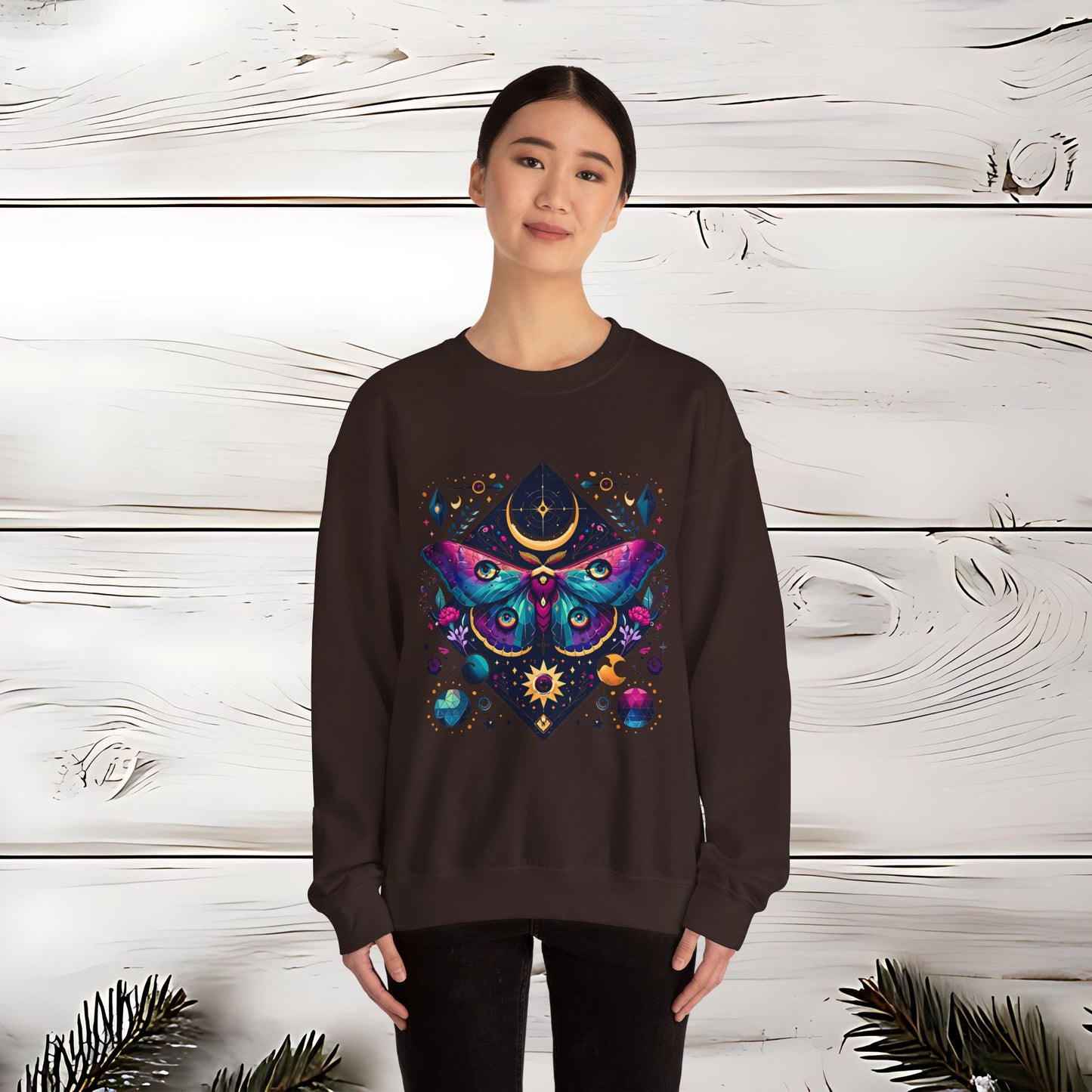 Boho Luna Moth Sweatshirt, Nature Lover Gift, Cozy Jumper, Moth Print Pullover, Bohemian Style Top, Celestial Clothing, Lunar Design