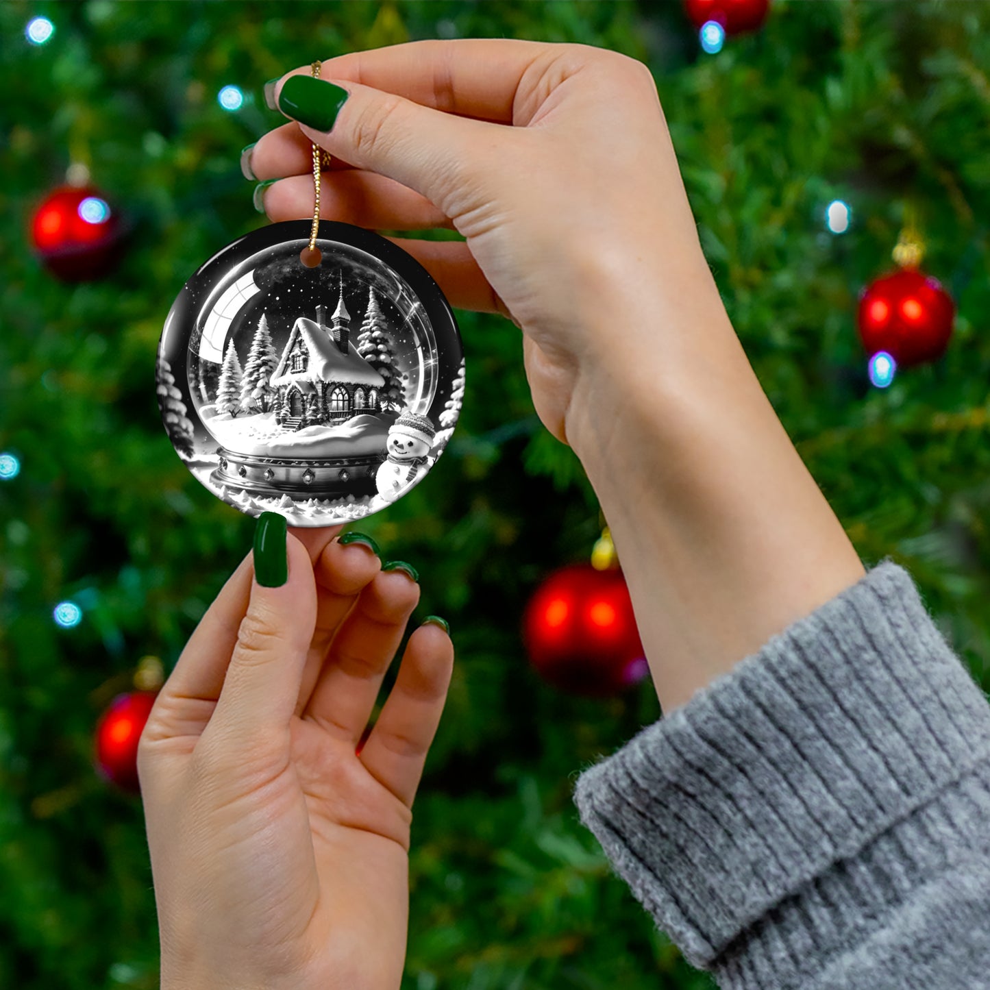 Snow Globe Ceramic Ornament, Christmas Tree Decor, Holiday Ornament, Winter Decoration, Monochrome Christmas, Festive Home Decor