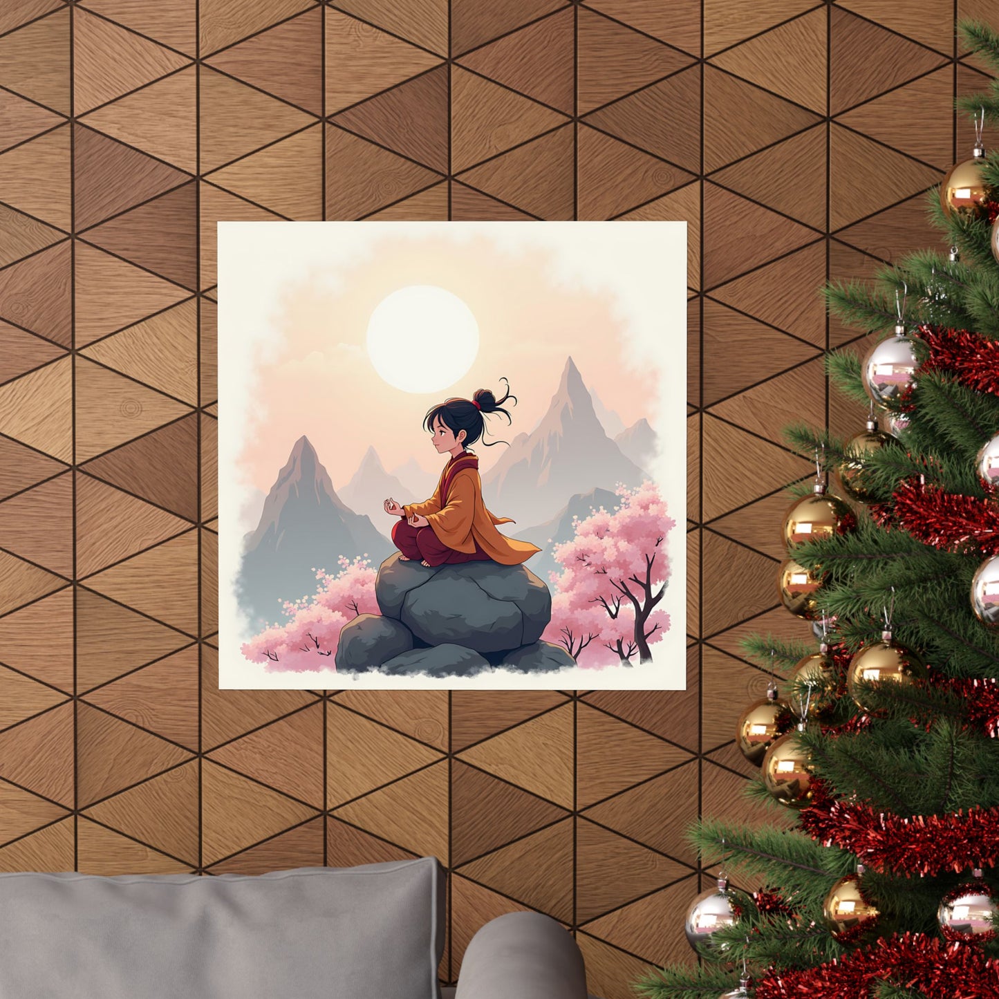 Anime Tranquility Matte Vertical Posters, Young Protagonist in Meditative Pose, Cherry Blossoms Wall Art, Mountain Landscape Prints, Serene