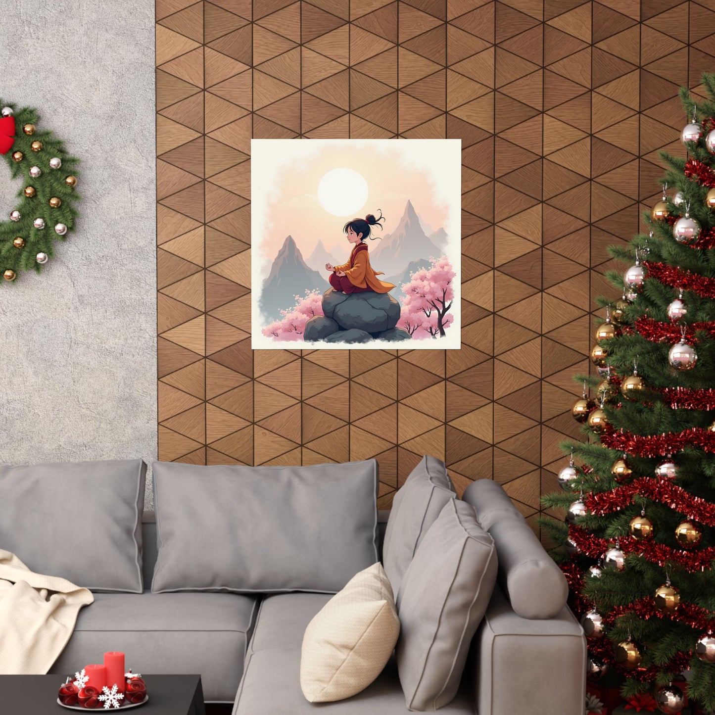 Anime Tranquility Matte Vertical Posters, Young Protagonist in Meditative Pose, Cherry Blossoms Wall Art, Mountain Landscape Prints, Serene