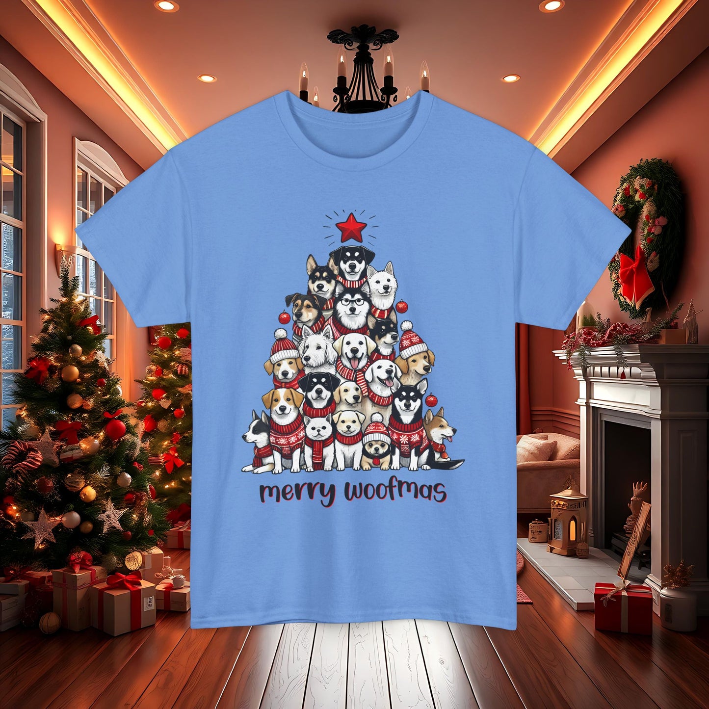 Merry Woofmas Christmas Tree Tee, Heavy Cotton Graphic Shirt for Dog Lovers, Fun Holiday Gift for Pet Owners!