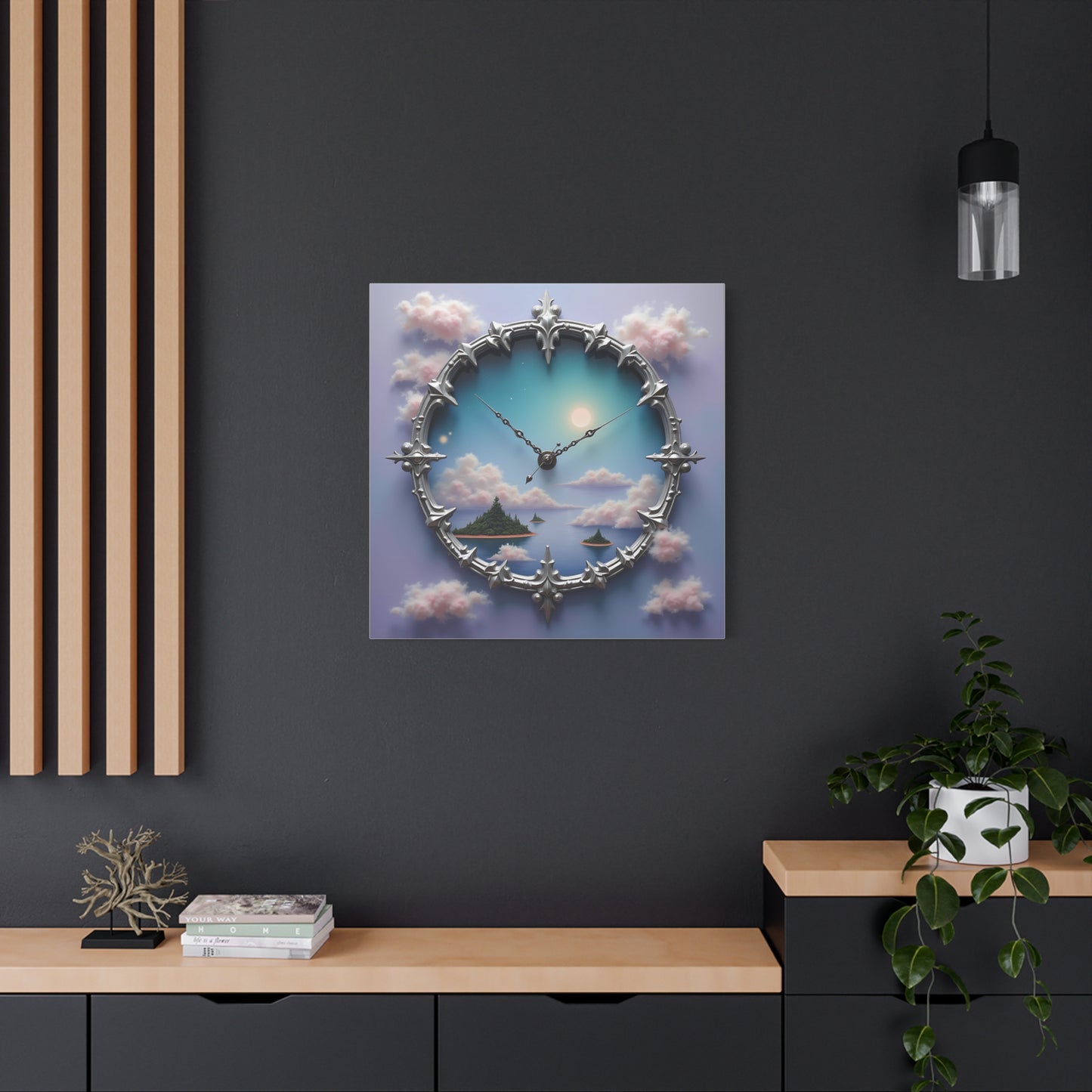 Canvas Print, Surreal Clock with Melting Hands, Floating Islands and Clouds, Ethereal Wall Art, Home Decor, Matte Canvas, Stretched, 1 25",