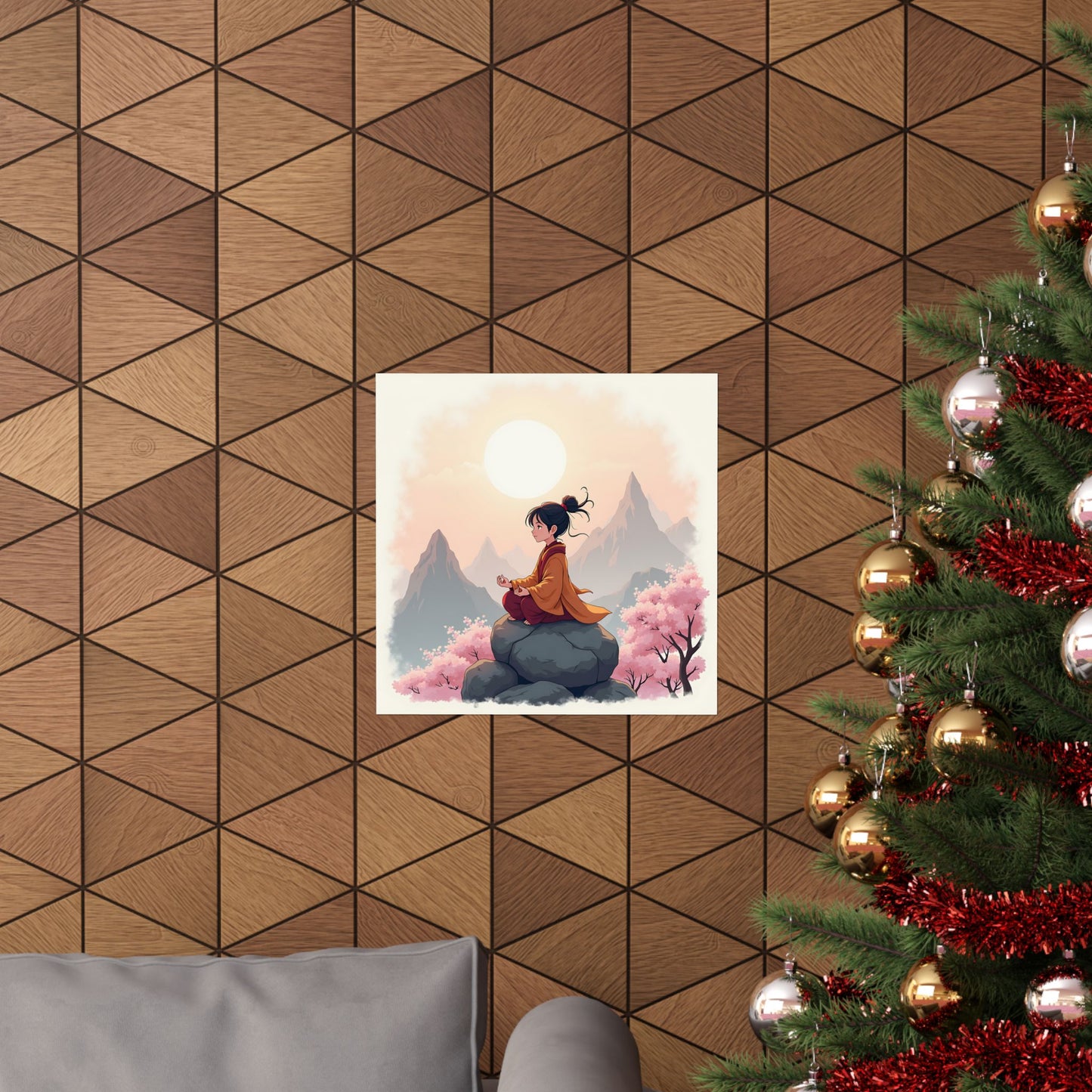 Anime Tranquility Matte Vertical Posters, Young Protagonist in Meditative Pose, Cherry Blossoms Wall Art, Mountain Landscape Prints, Serene