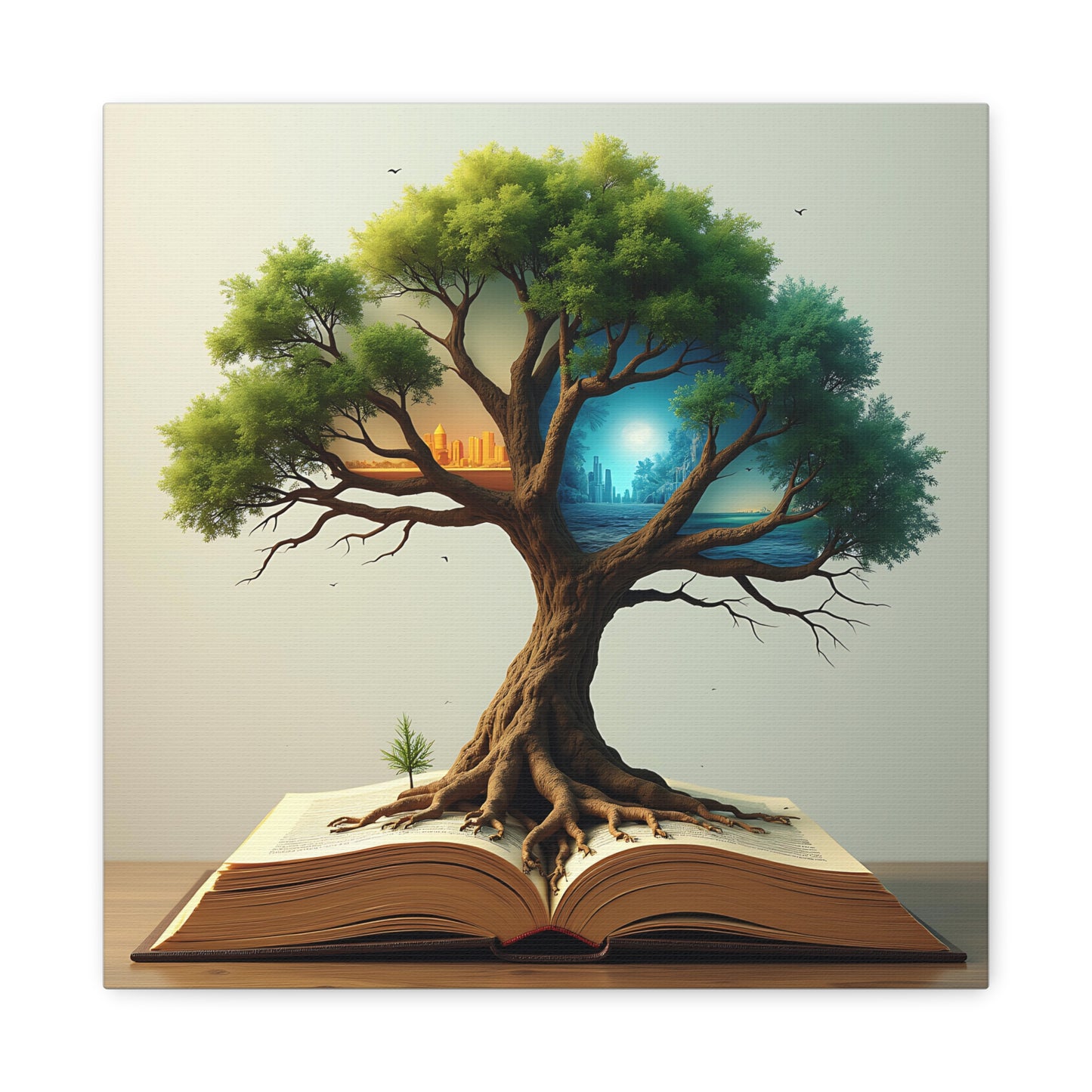Canvas Art, Meta-Realism Tree of Knowledge Wall Decor, Cityscape, Desert, Forest, Ocean, Earth Tones, Emerald Green, Azure, Terracotta