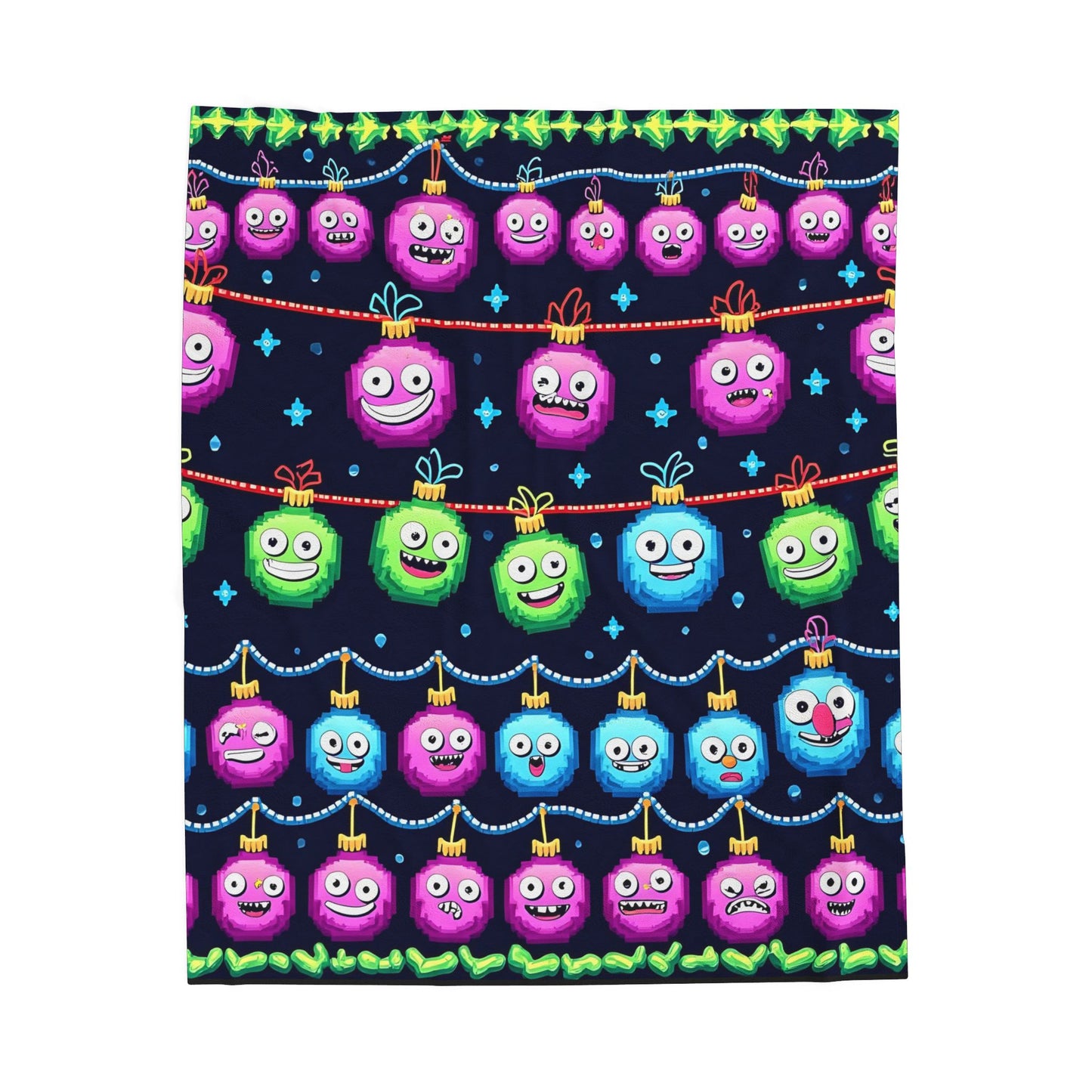 Plush Blanket, Cute Christmas Ornaments Emoji Faces Print Throw, Holiday Home Decor, Soft Cozy Bedding, Gift for Her, Winter Blanket,