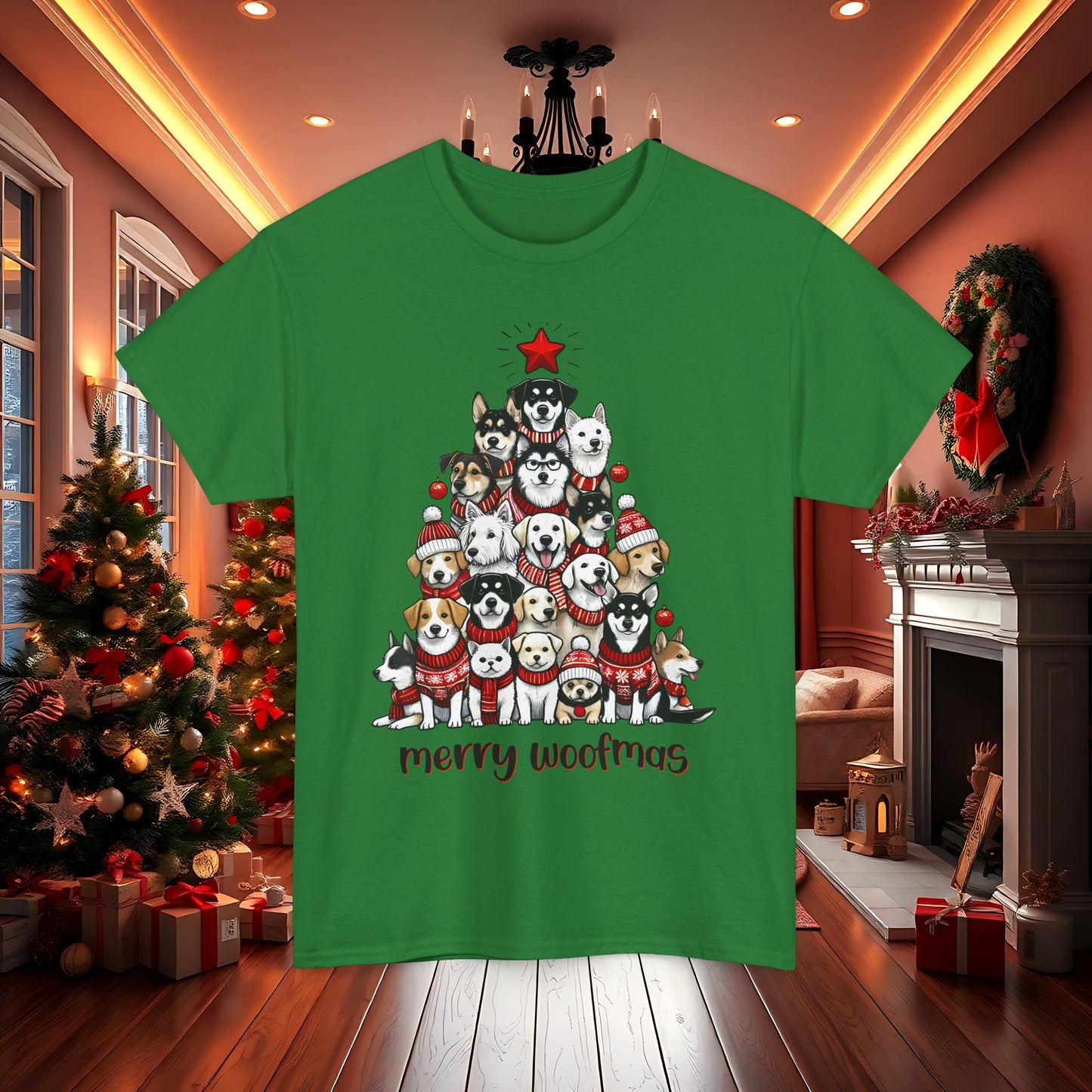 Merry Woofmas Christmas Tree Tee, Heavy Cotton Graphic Shirt for Dog Lovers, Fun Holiday Gift for Pet Owners!