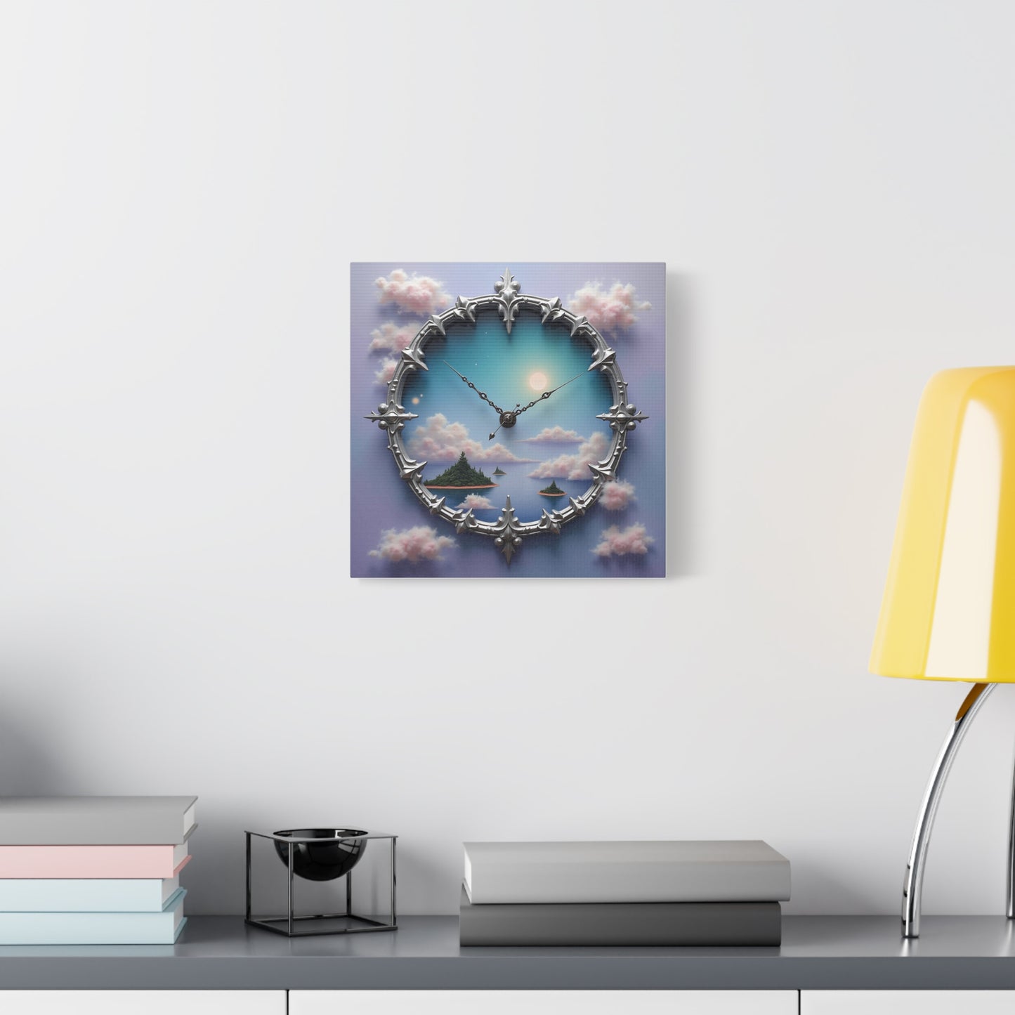 Canvas Print, Surreal Clock with Melting Hands, Floating Islands and Clouds, Ethereal Wall Art, Home Decor, Matte Canvas, Stretched, 1 25",