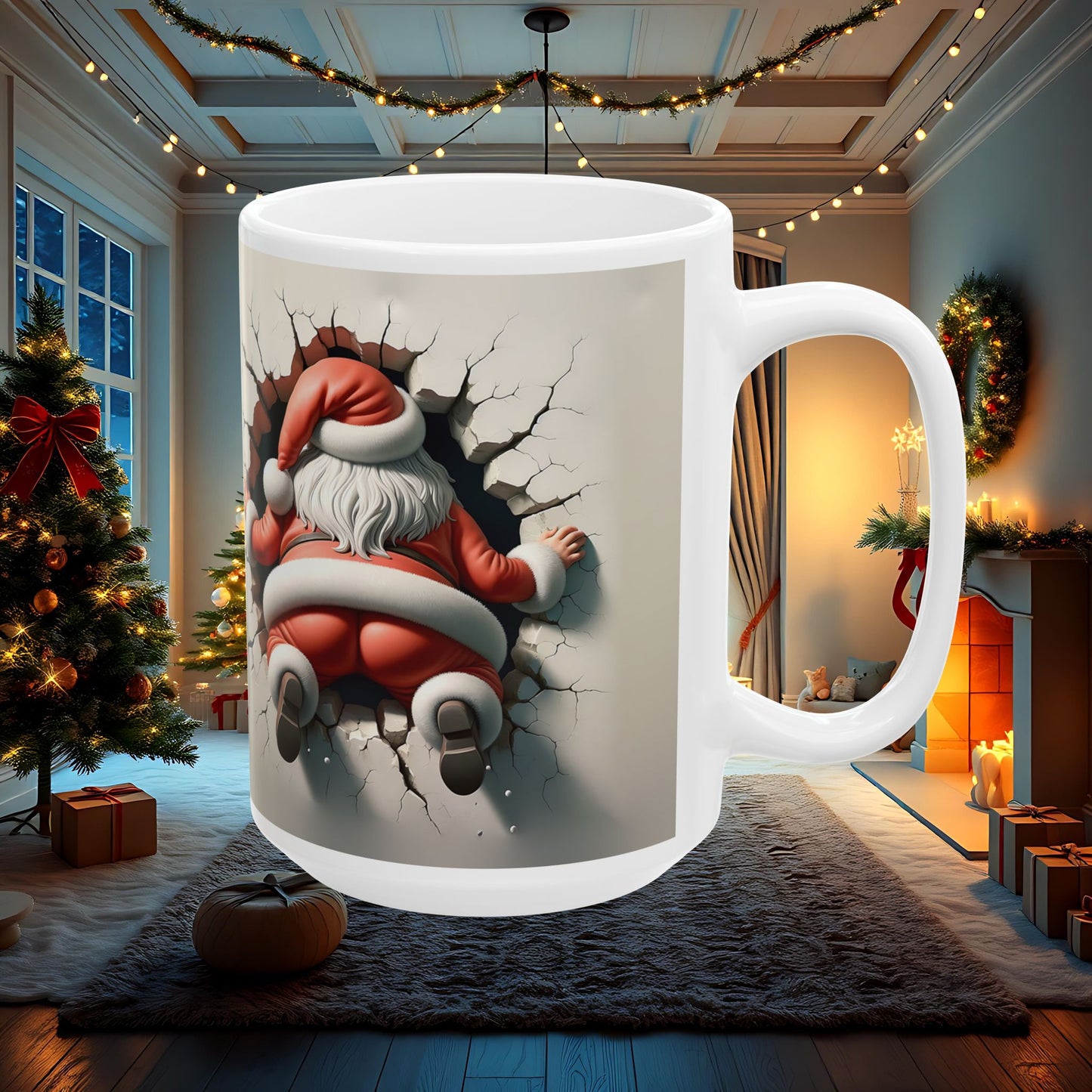 Santa Wall Break Ceramic Mug, 3D Double Sided Christmas Coffee Cup, Gift for Holiday Lovers, Festive Tea Mug, Funny Kitchen Decor, Novelty