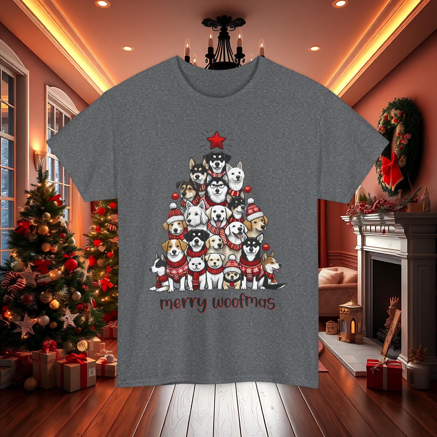 Merry Woofmas Christmas Tree Tee, Heavy Cotton Graphic Shirt for Dog Lovers, Fun Holiday Gift for Pet Owners!
