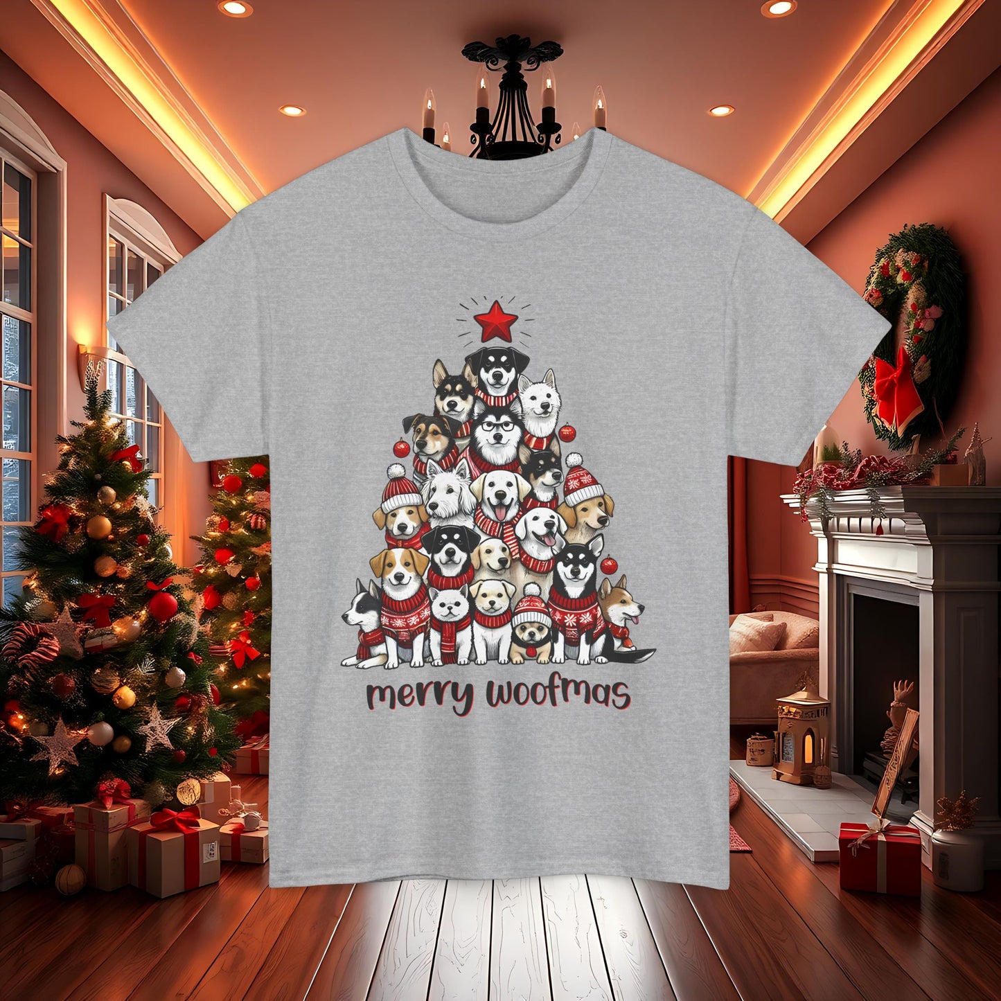 Merry Woofmas Christmas Tree Tee, Heavy Cotton Graphic Shirt for Dog Lovers, Fun Holiday Gift for Pet Owners!