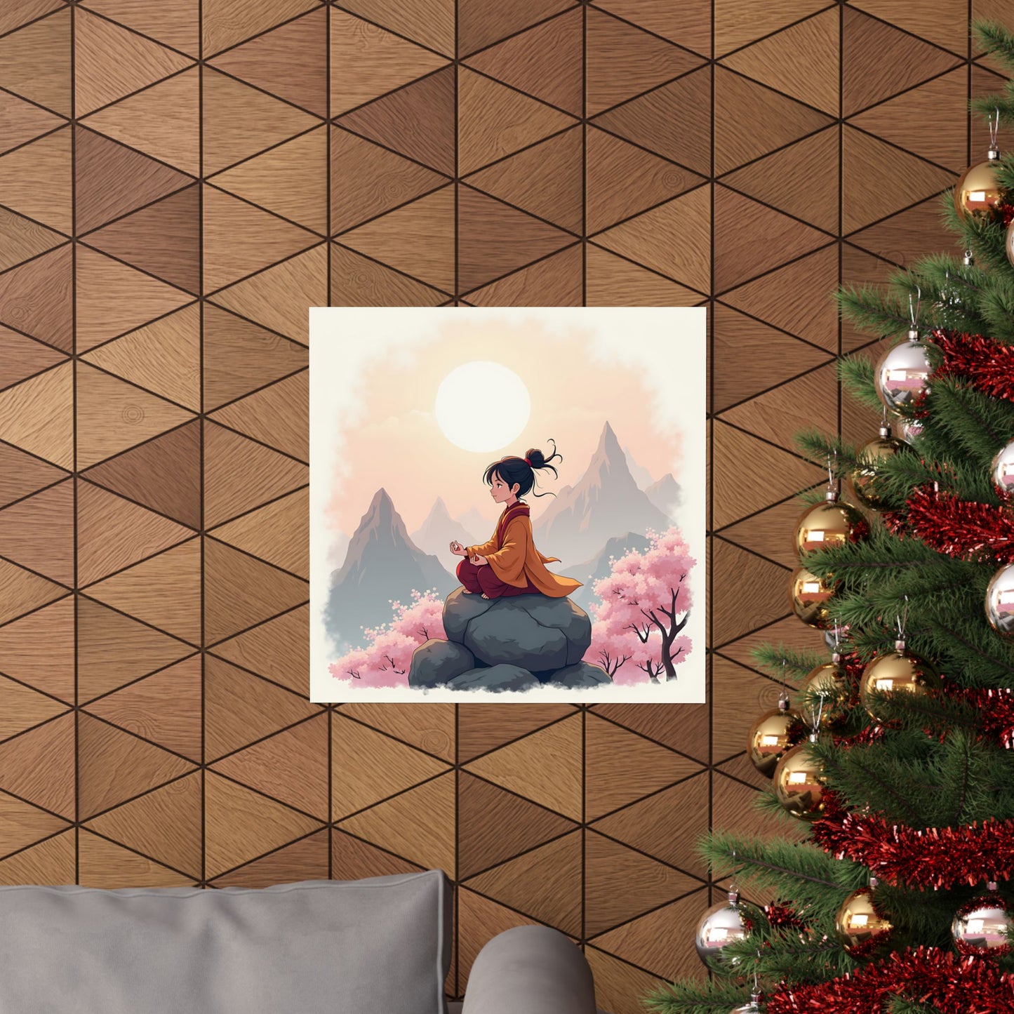 Anime Tranquility Matte Vertical Posters, Young Protagonist in Meditative Pose, Cherry Blossoms Wall Art, Mountain Landscape Prints, Serene