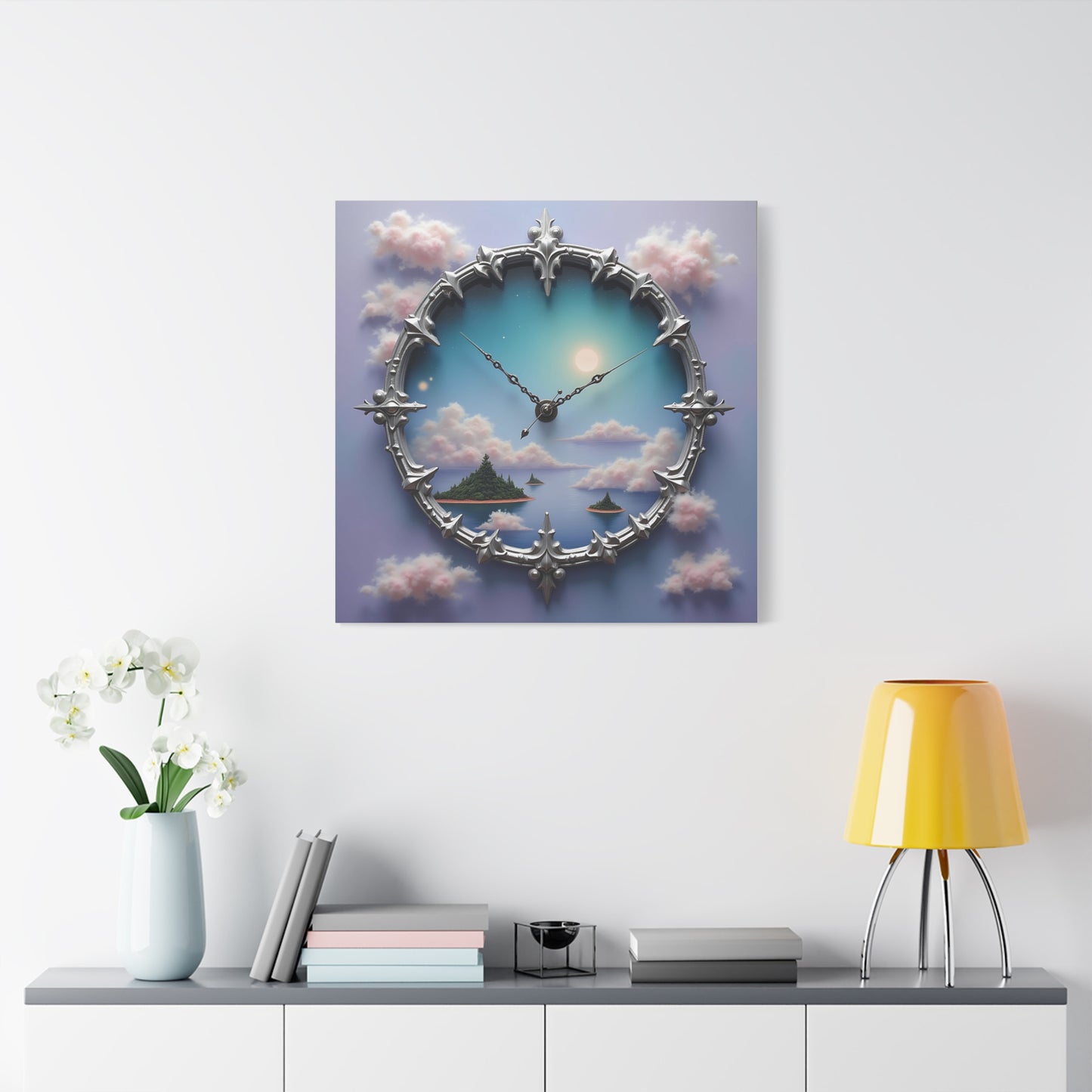 Canvas Print, Surreal Clock with Melting Hands, Floating Islands and Clouds, Ethereal Wall Art, Home Decor, Matte Canvas, Stretched, 1 25",