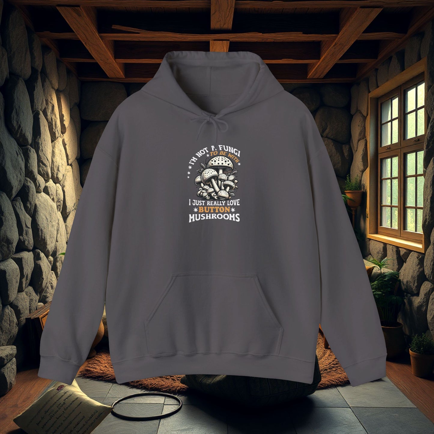 Funky Love-Button Mushrooms Hoodie - Unique Wear, Mushrooms Hoodie, Funky Sweatshirt, Quirky Hooded Jumper, Whimsical Mushroom Sweater,