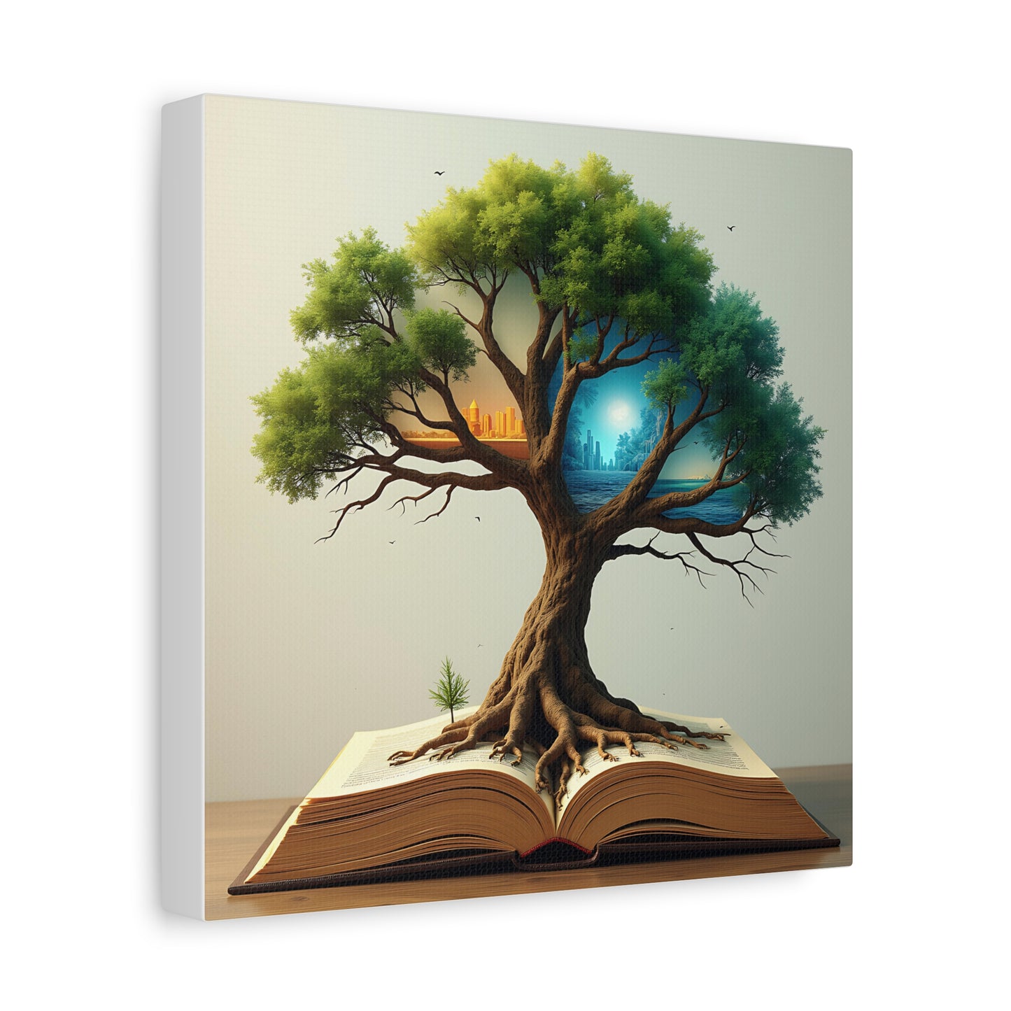 Canvas Art, Meta-Realism Tree of Knowledge Wall Decor, Cityscape, Desert, Forest, Ocean, Earth Tones, Emerald Green, Azure, Terracotta
