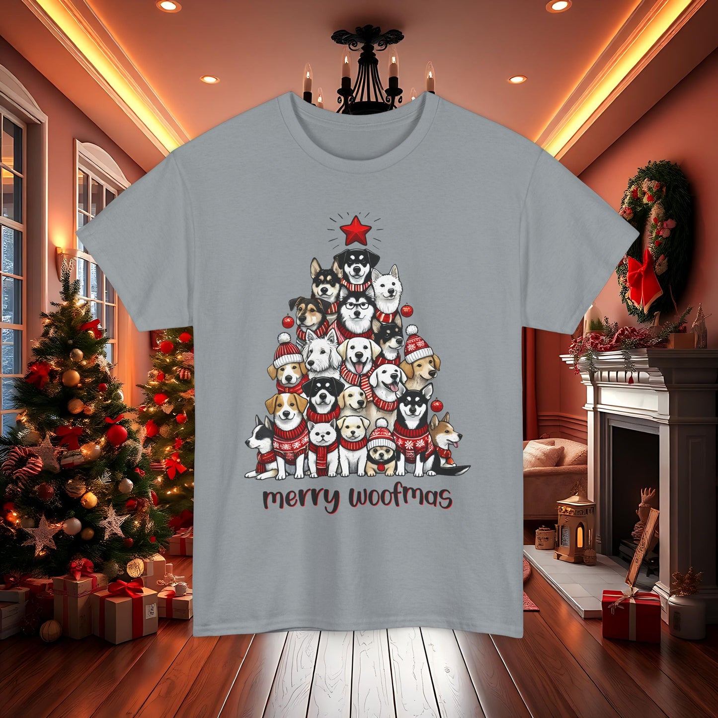 Merry Woofmas Christmas Tree Tee, Heavy Cotton Graphic Shirt for Dog Lovers, Fun Holiday Gift for Pet Owners!