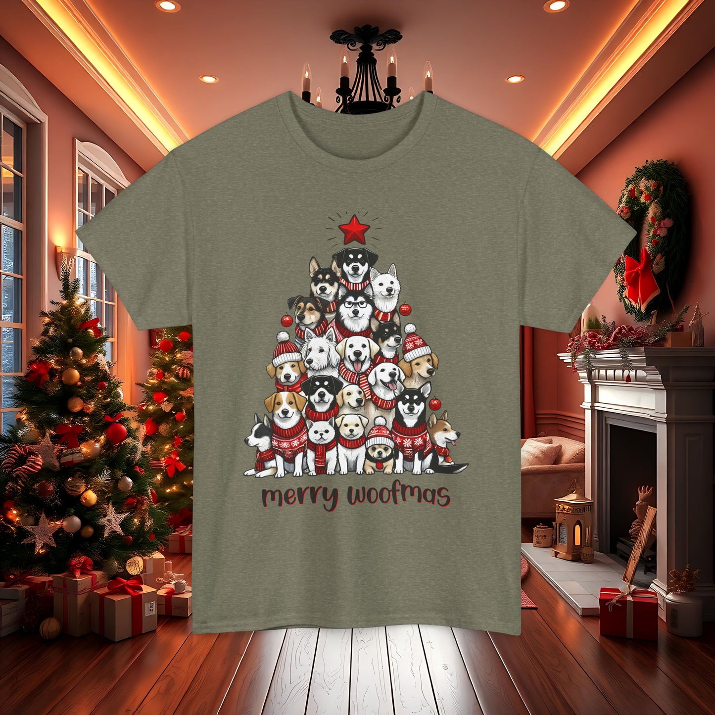 Merry Woofmas Christmas Tree Tee, Heavy Cotton Graphic Shirt for Dog Lovers, Fun Holiday Gift for Pet Owners!