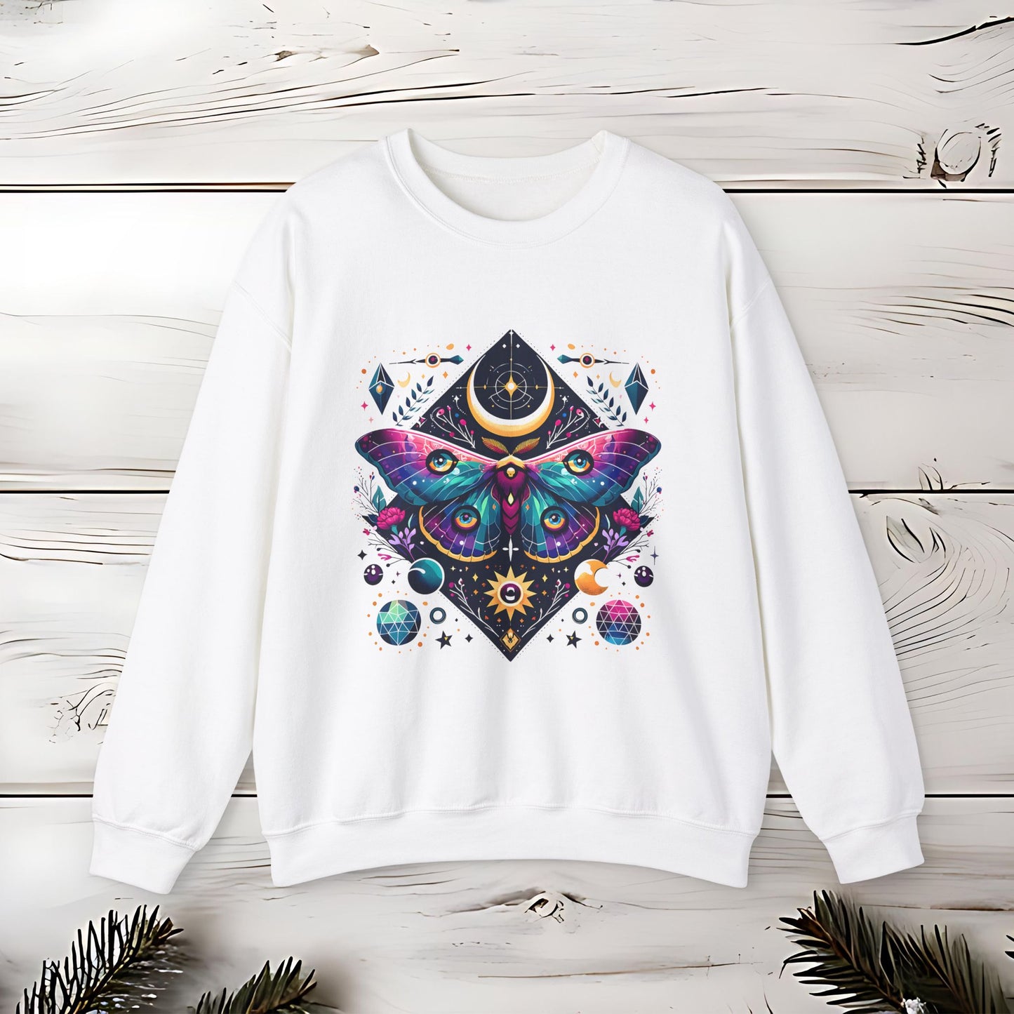 Boho Luna Moth Sweatshirt, Nature Lover Gift, Cozy Jumper, Moth Print Pullover, Bohemian Style Top, Celestial Clothing, Lunar Design