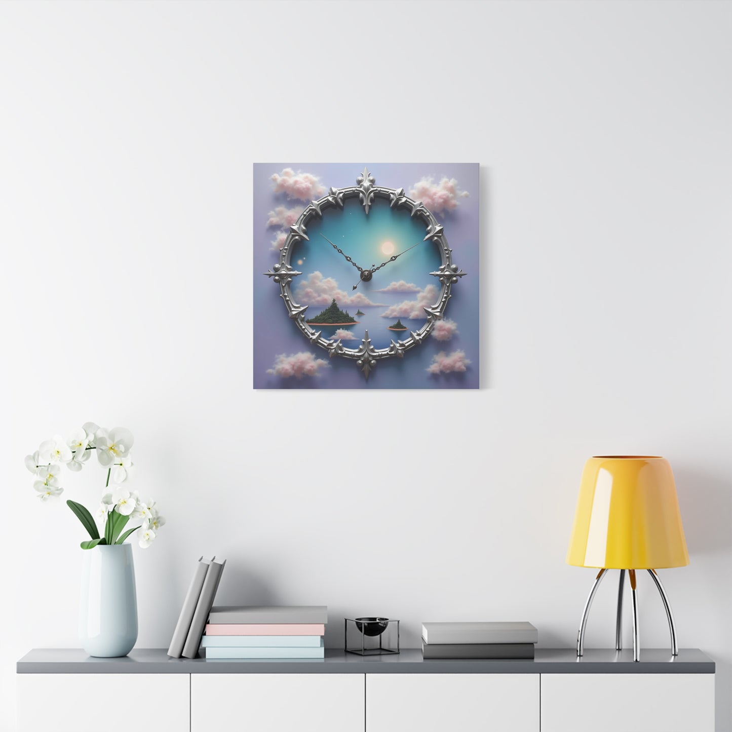 Canvas Print, Surreal Clock with Melting Hands, Floating Islands and Clouds, Ethereal Wall Art, Home Decor, Matte Canvas, Stretched, 1 25",