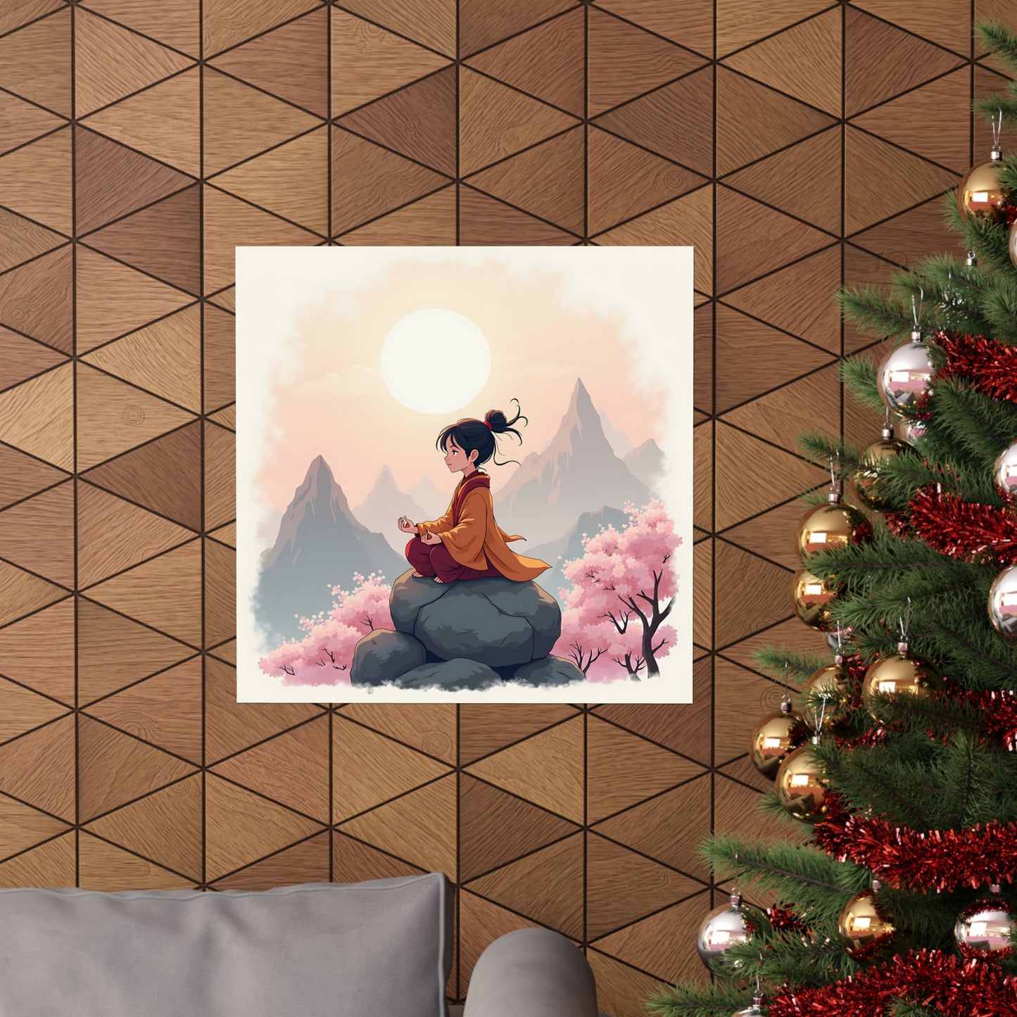 Anime Tranquility Matte Vertical Posters, Young Protagonist in Meditative Pose, Cherry Blossoms Wall Art, Mountain Landscape Prints, Serene