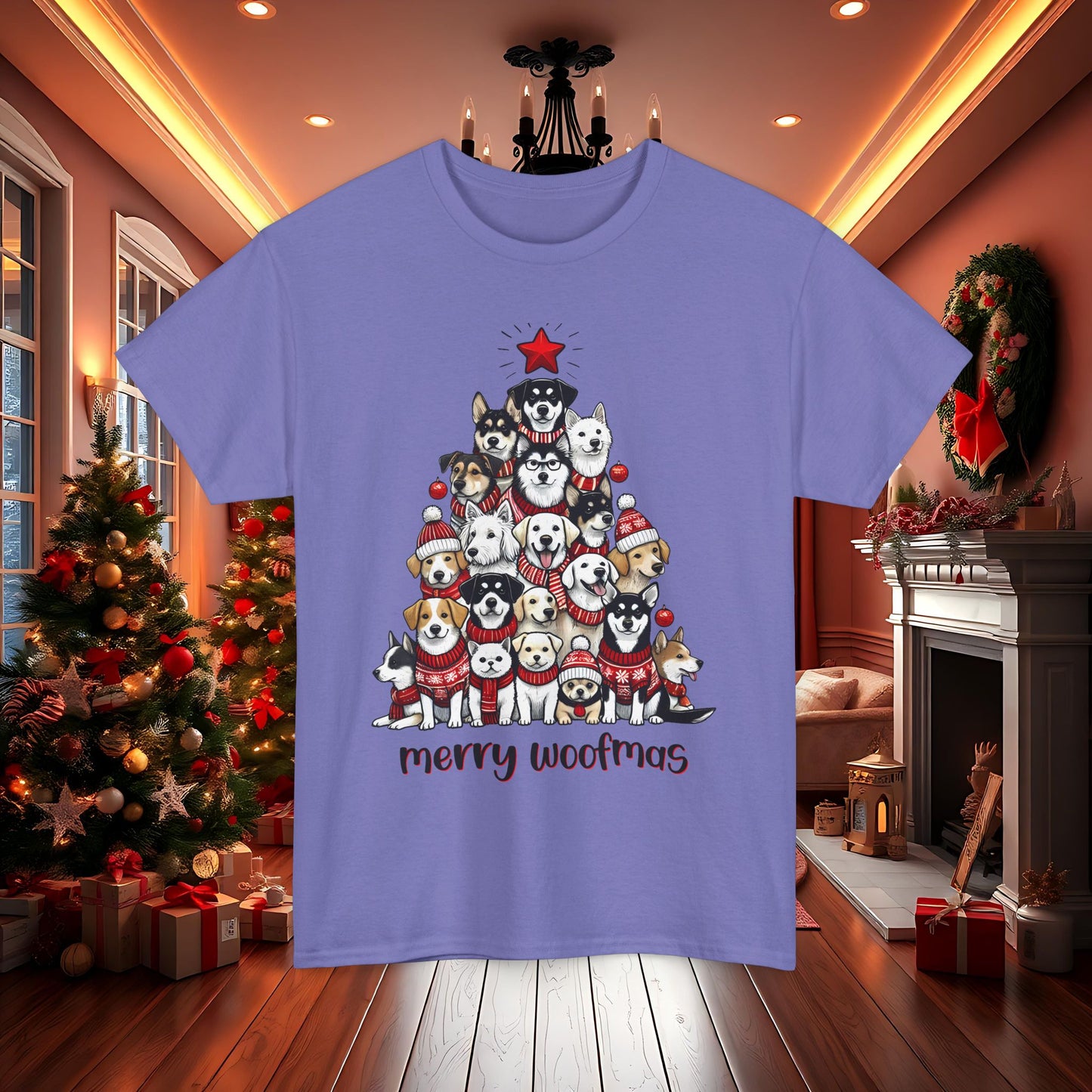 Merry Woofmas Christmas Tree Tee, Heavy Cotton Graphic Shirt for Dog Lovers, Fun Holiday Gift for Pet Owners!