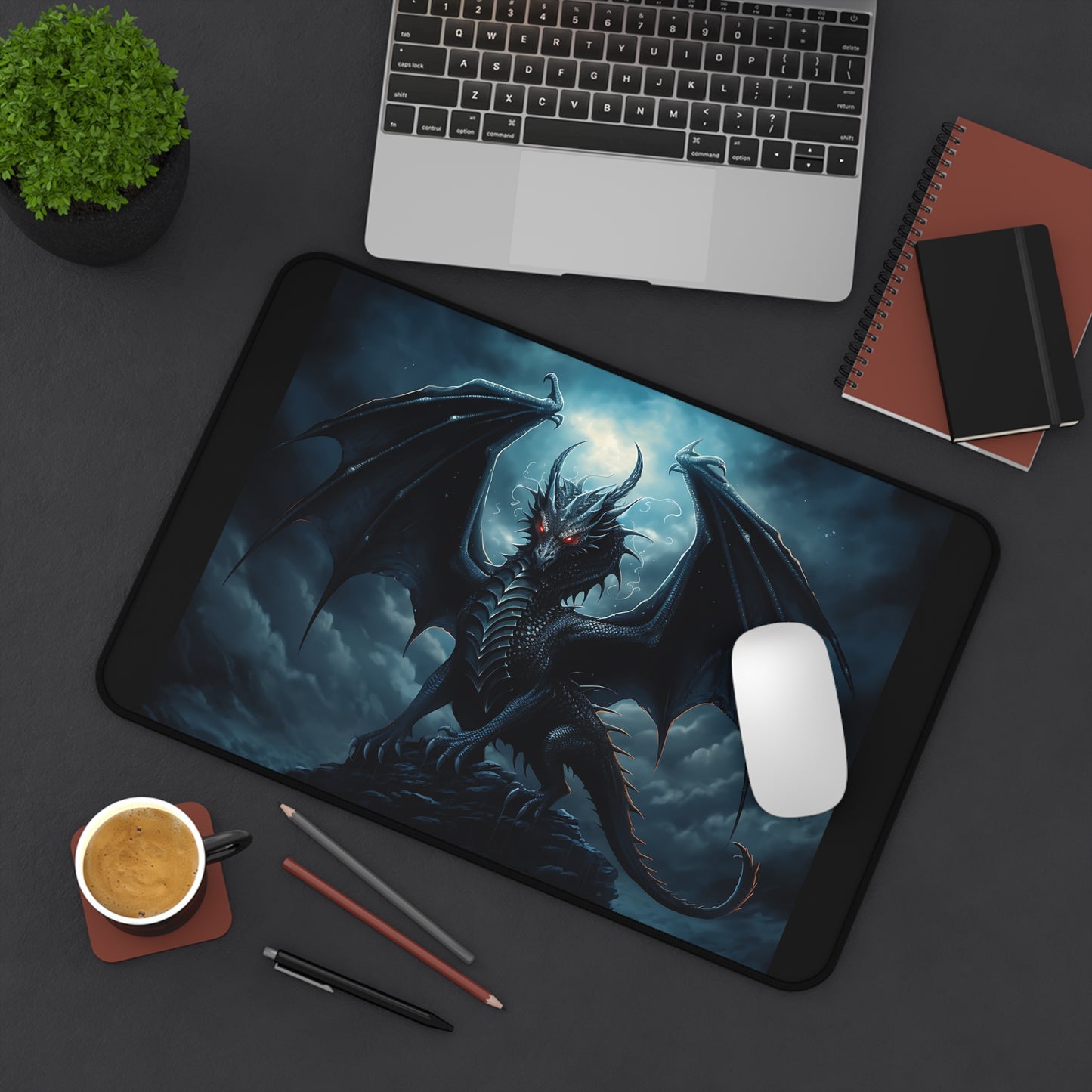 Gothic Dragon Desk Mat, Moonlight Mountain Gaming Mouse Pad, Cloudy Sky Keyboard Mat, Goth Office Decor, Dragon Lover Gift, Fantasy Desk