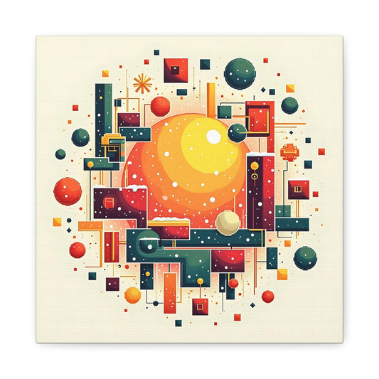 Canvas Print, Pixel Storm Winter Magic Wall Art, Crimson Yellow Green Geometric Snowstorm, Home Decor, Holiday Gift, Office Decoration,