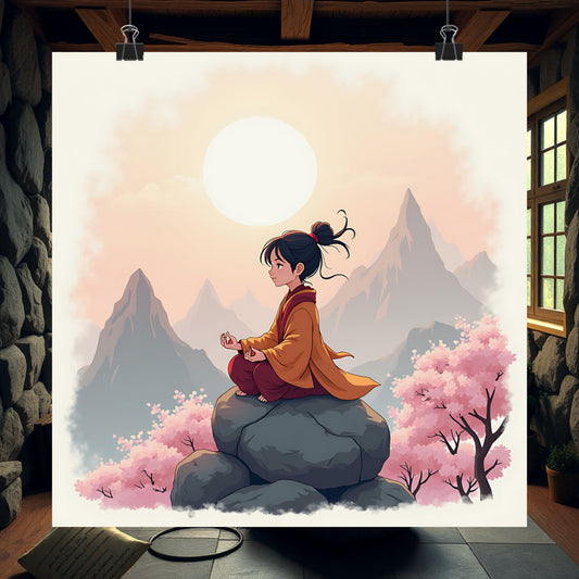 Anime Tranquility Matte Vertical Posters, Young Protagonist in Meditative Pose, Cherry Blossoms Wall Art, Mountain Landscape Prints, Serene