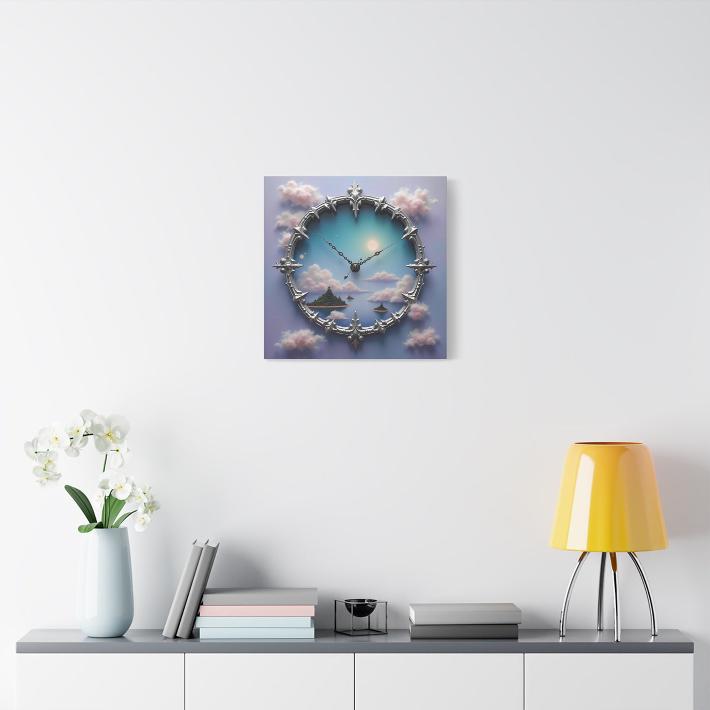 Canvas Print, Surreal Clock with Melting Hands, Floating Islands and Clouds, Ethereal Wall Art, Home Decor, Matte Canvas, Stretched, 1 25",