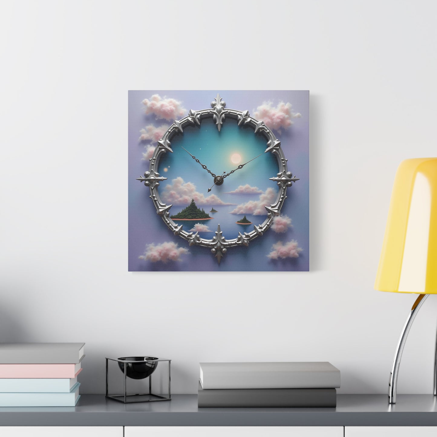 Canvas Print, Surreal Clock with Melting Hands, Floating Islands and Clouds, Ethereal Wall Art, Home Decor, Matte Canvas, Stretched, 1 25",