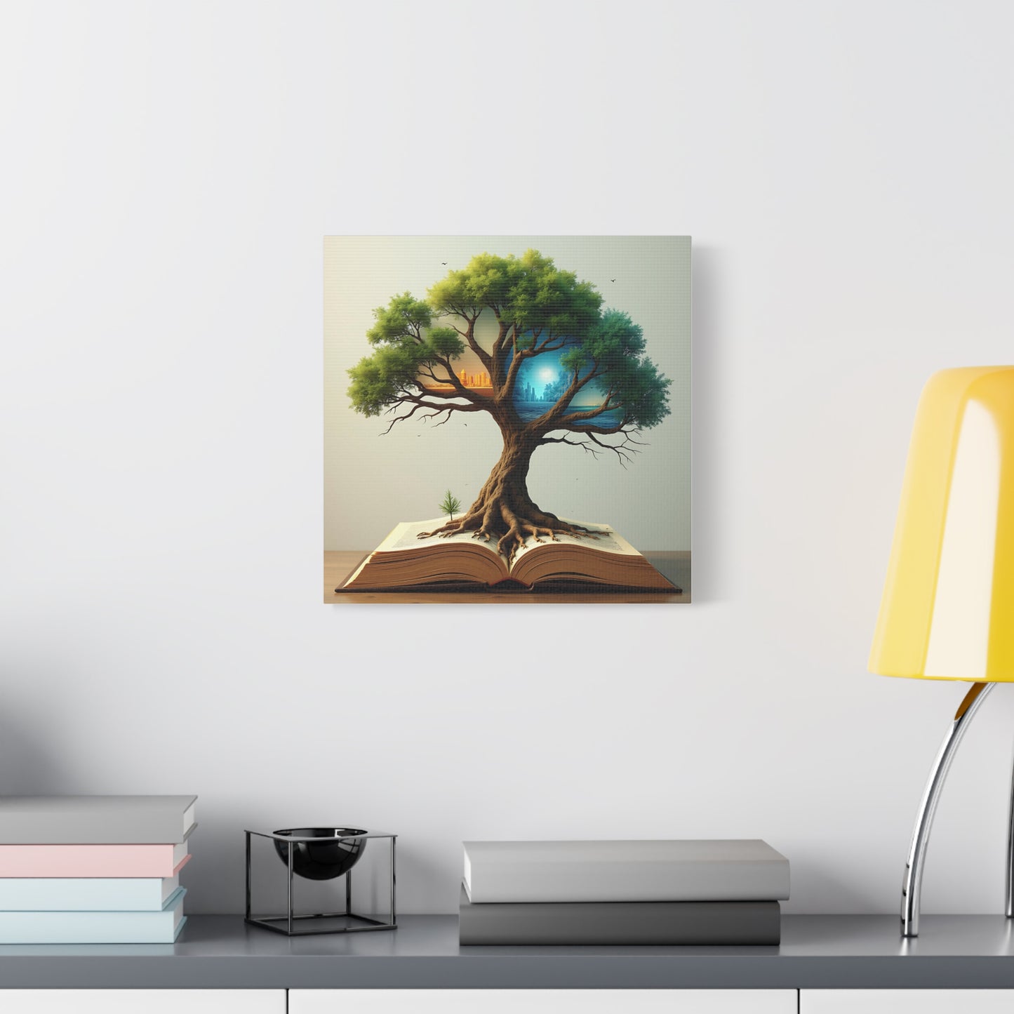 Canvas Art, Meta-Realism Tree of Knowledge Wall Decor, Cityscape, Desert, Forest, Ocean, Earth Tones, Emerald Green, Azure, Terracotta