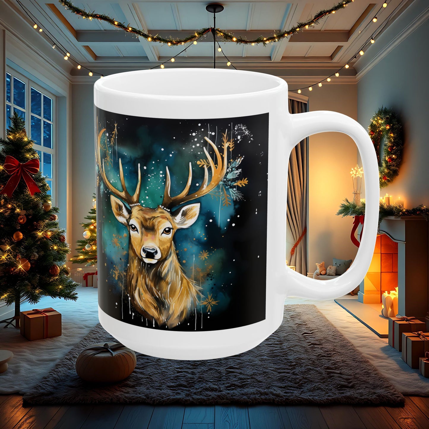 Christmas Buck Ceramic Mug, Festive Holiday Gift, Cute Tea Cup, Winter Theme Coffee Mug, Christmas Decoration Drinkware, Gift for Her, 11oz